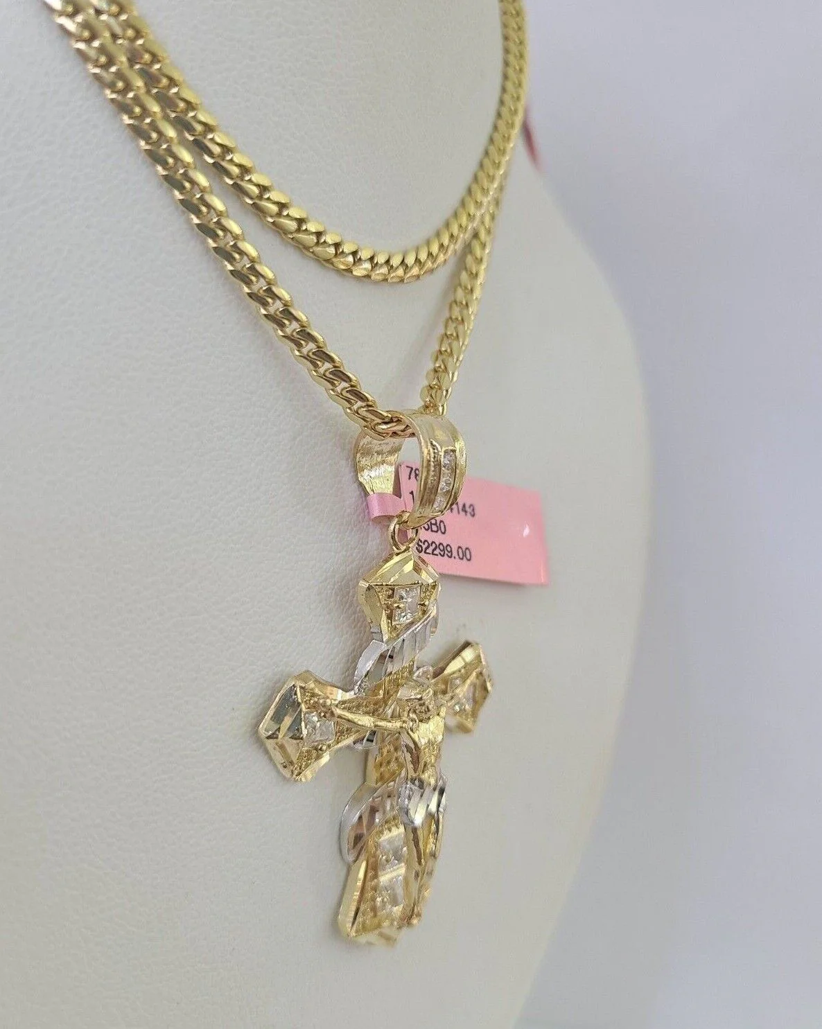 Real 14k Solid Chain Cross Charm Set Miami Cuban Link 3mm Necklace Pendant Gold - Image 2