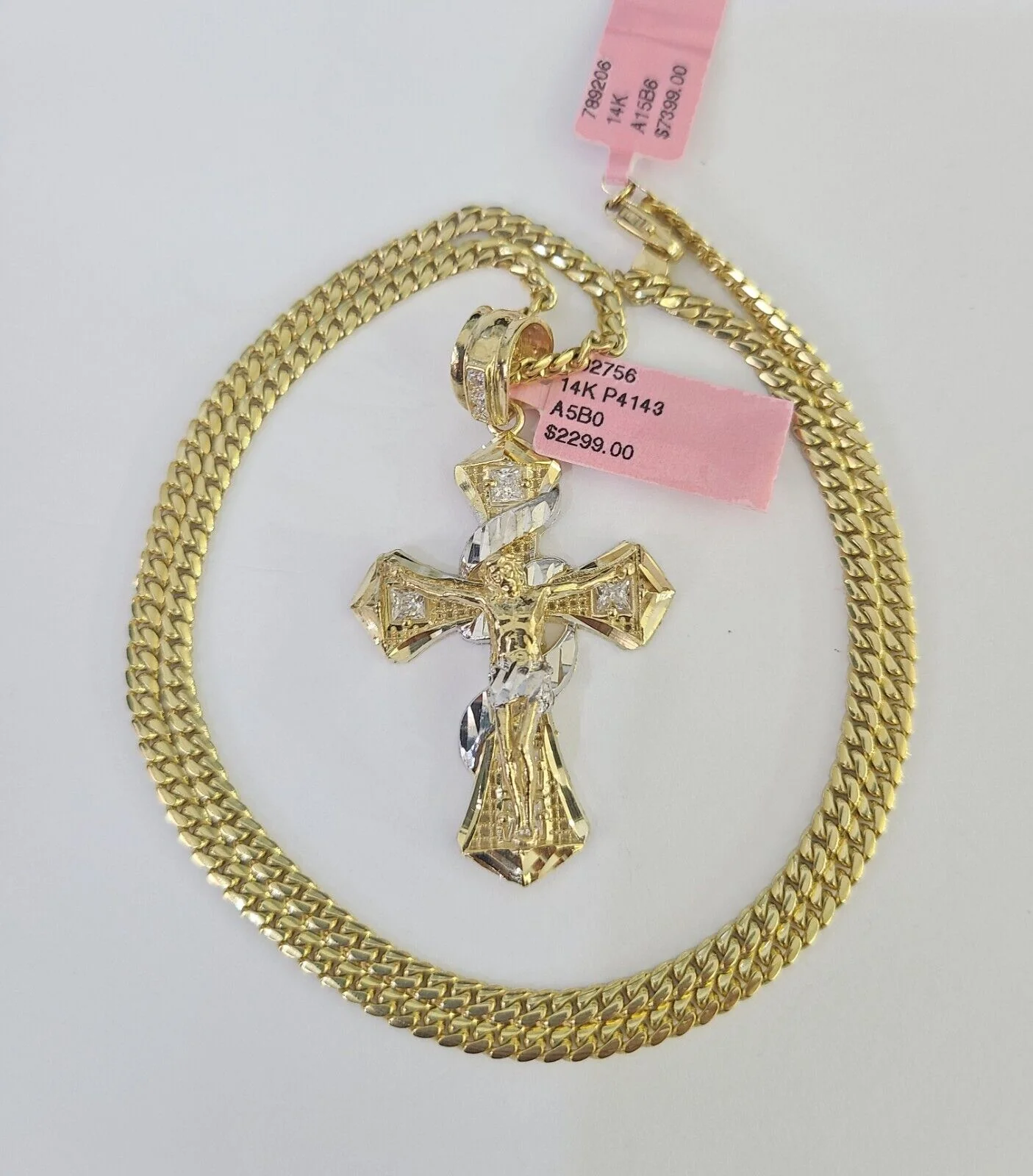 Real 14k Solid Chain Cross Charm Set Miami Cuban Link 3mm Necklace Pendant Gold - Image 4