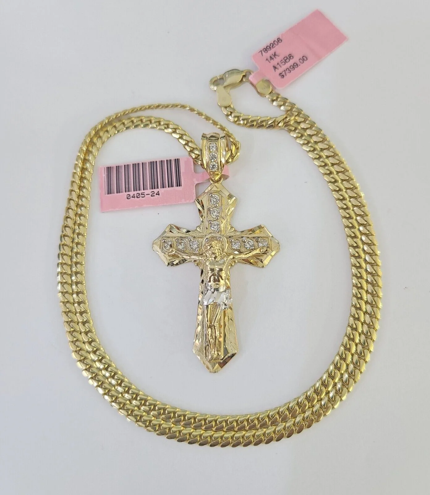 Real 14k Solid Chain Cross Charm Set Miami Cuban Link 3mm Necklace Pendant Gold - Image 3