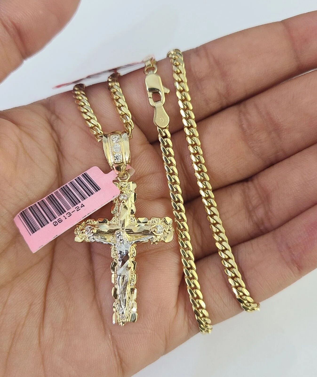 Real 14k Solid Chain Cross Charm Set Miami Cuban Link 3mm Necklace Pendant Gold - Image 2