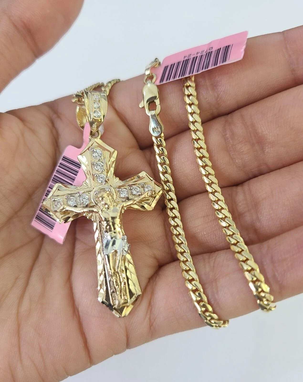 Real 14k Solid Chain Cross Charm Set Miami Cuban Link 3mm Necklace Pendant Gold - Image 5