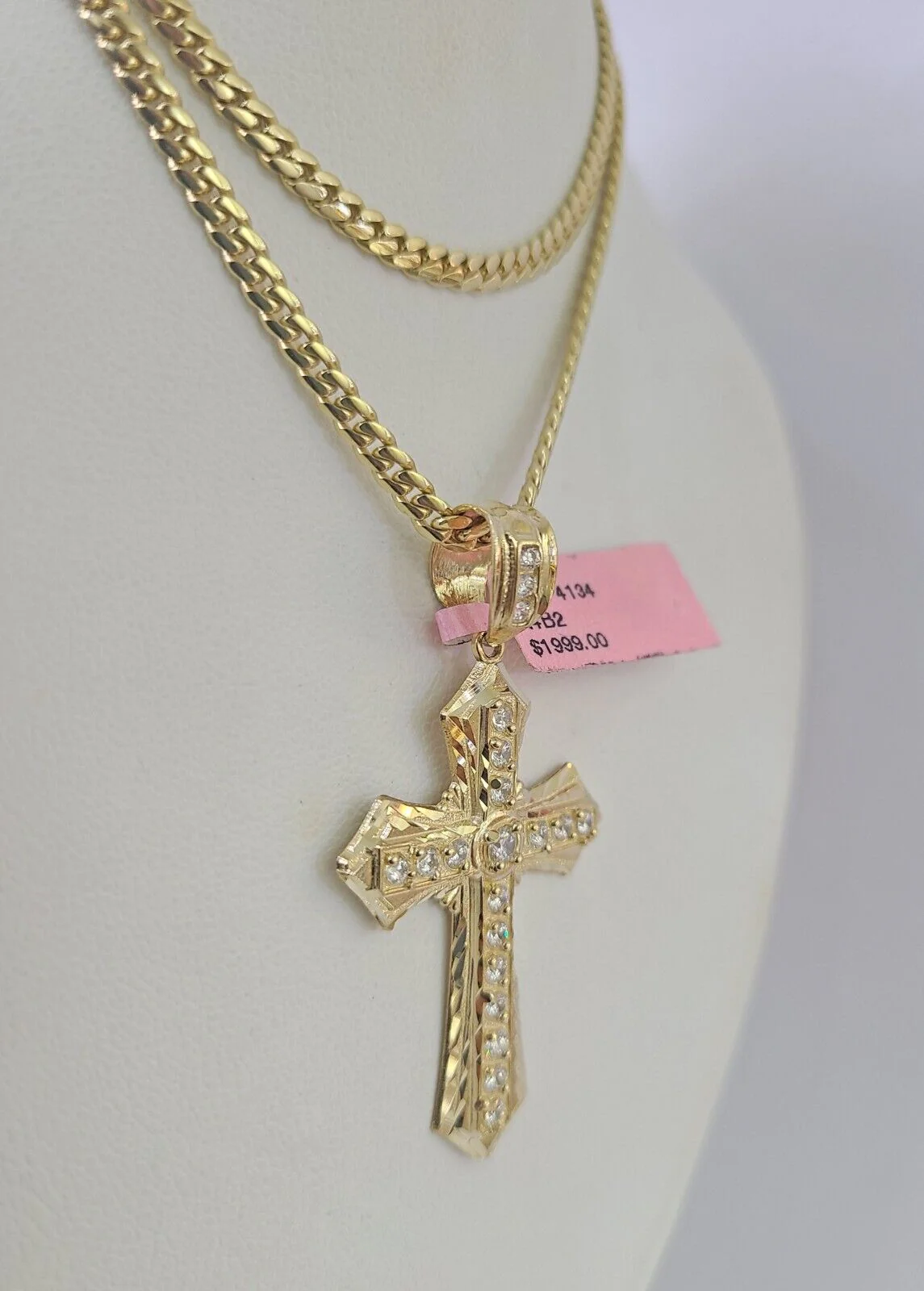 Real 14k Solid Chain Cross Charm Set Miami Cuban Link 3mm Necklace Pendant Gold - Image 2
