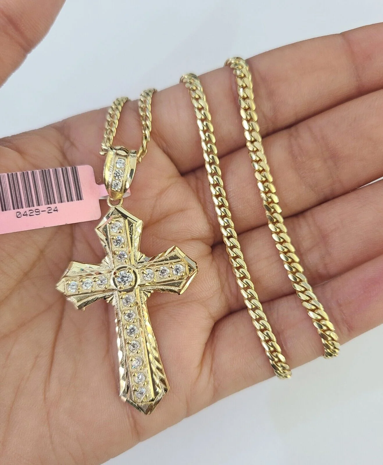 Real 14k Solid Chain Cross Charm Set Miami Cuban Link 3mm Necklace Pendant Gold - Image 5