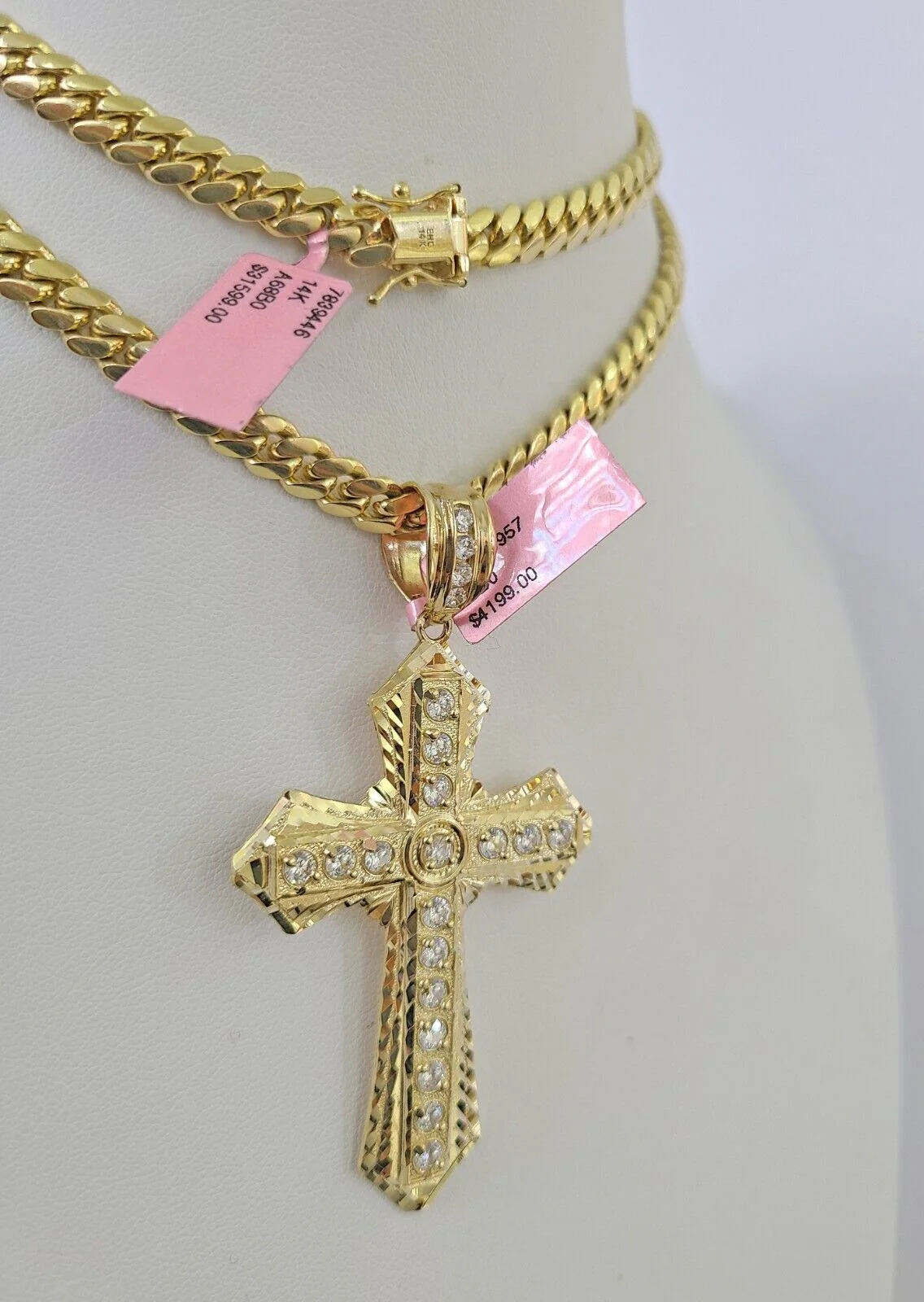 Real 14k Solid Chain Cross Charm Set Miami Cuban Link 6mm Necklace Pendant Gold - Image 4