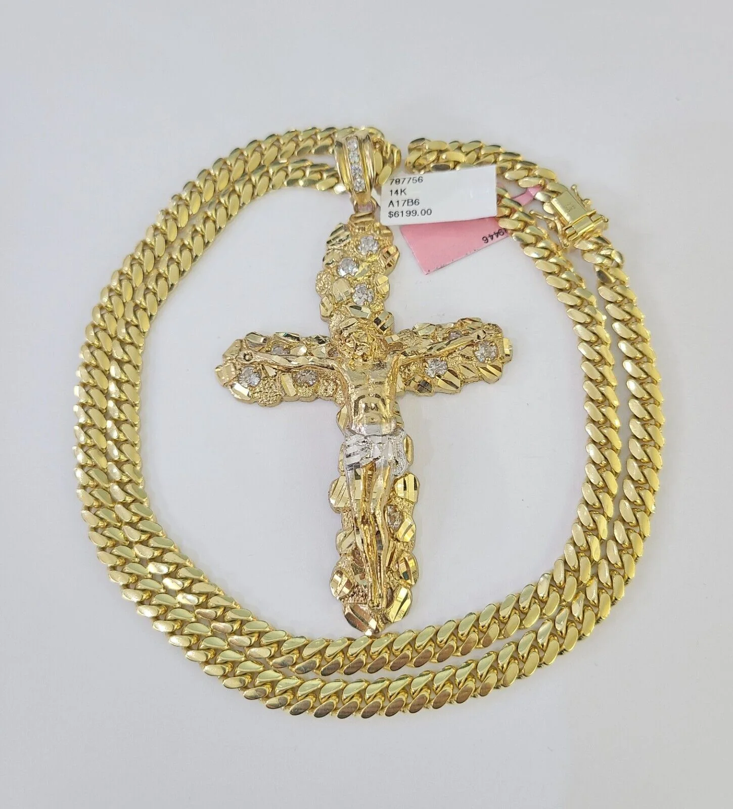 Real 14k Solid Chain Cross Charm Set Miami Cuban Link 6mm Necklace Pendant Gold - Image 3