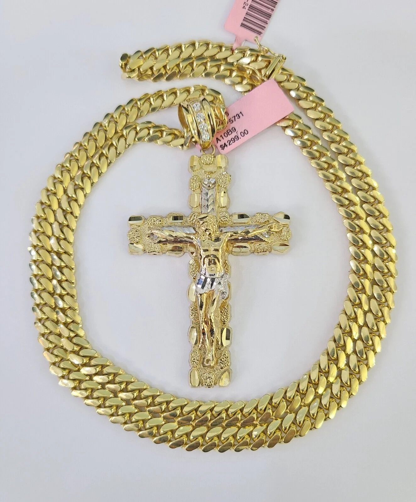 Real 14k Solid Chain Cross Charm Set Miami Cuban Link 6mm Necklace Pendant Gold - Image 2