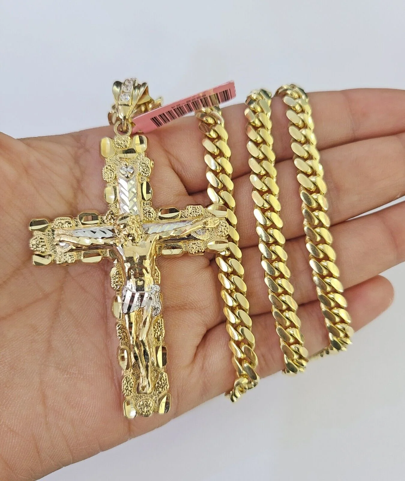 Real 14k Solid Chain Cross Charm Set Miami Cuban Link 6mm Necklace Pendant Gold - Image 3