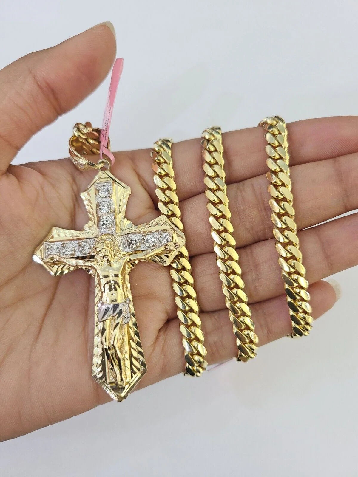 Real 14k Solid Chain Cross Charm Set Miami Cuban Link 6mm Necklace Pendant Gold - Image 6