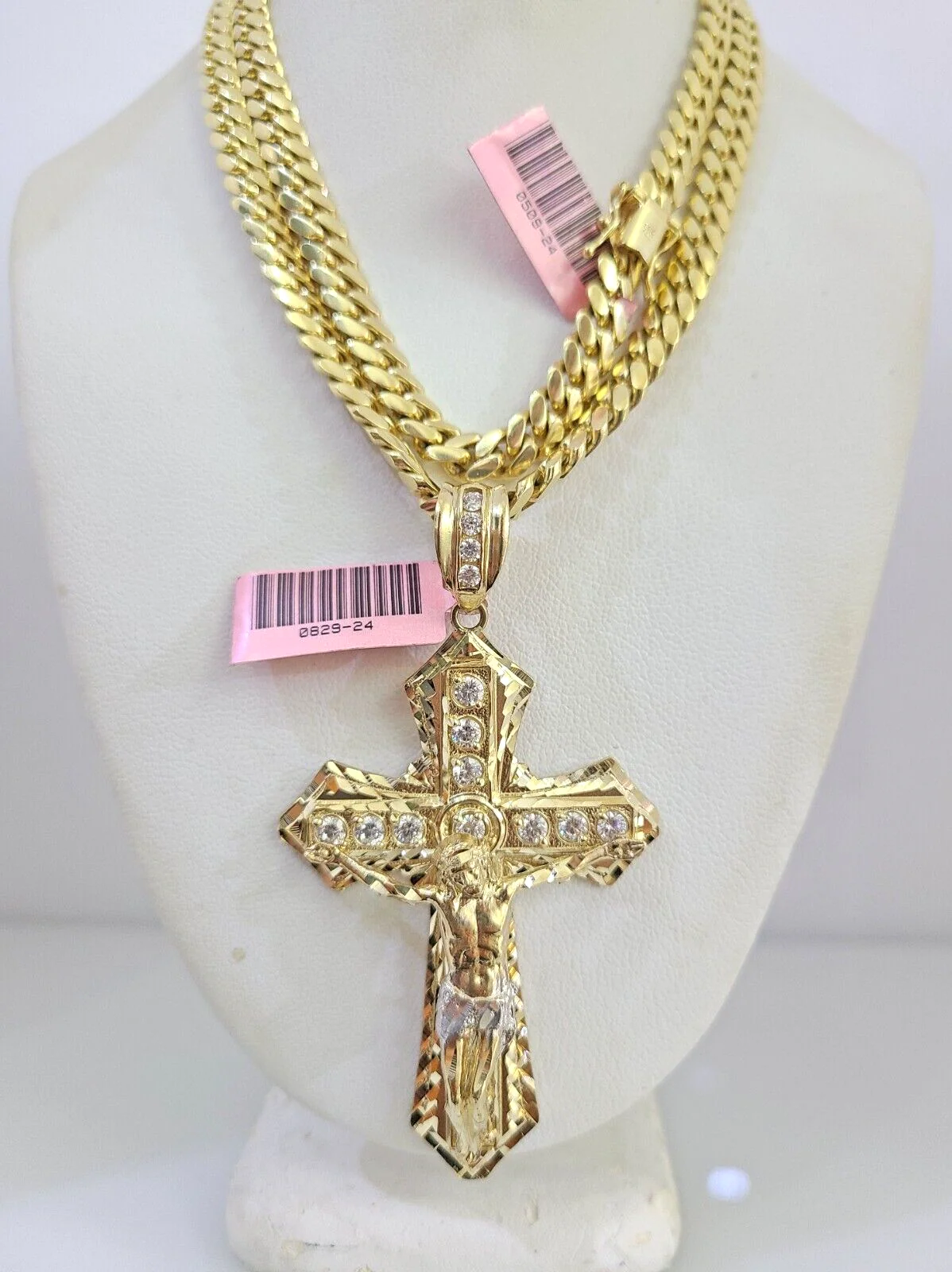 Real 14k Solid Chain Cross Charm Set Miami Cuban Link 6mm Necklace Pendant Gold - Image 2