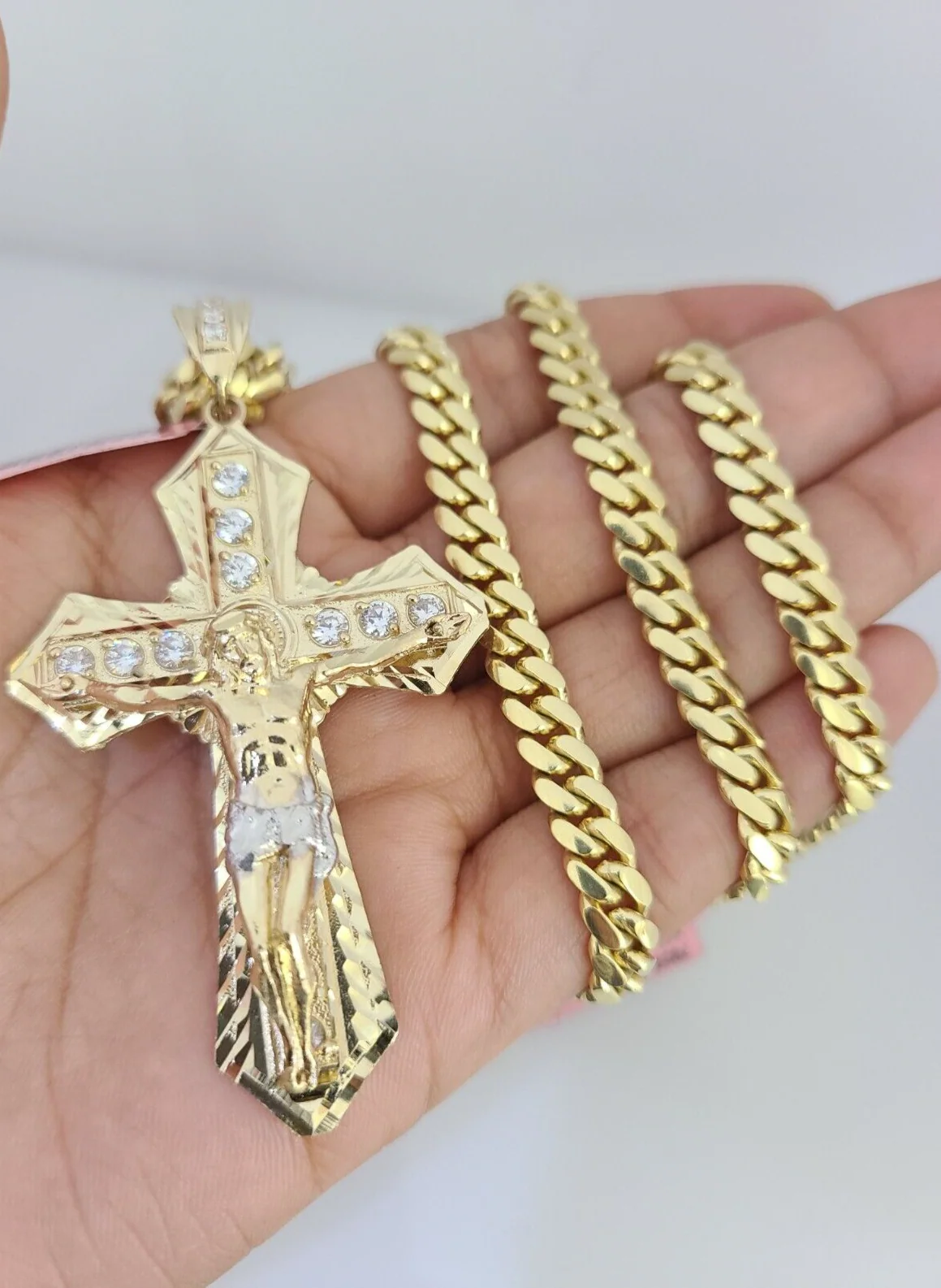 Real 14k Solid Chain Cross Charm Set Miami Cuban Link 6mm Necklace Pendant Gold - Image 3