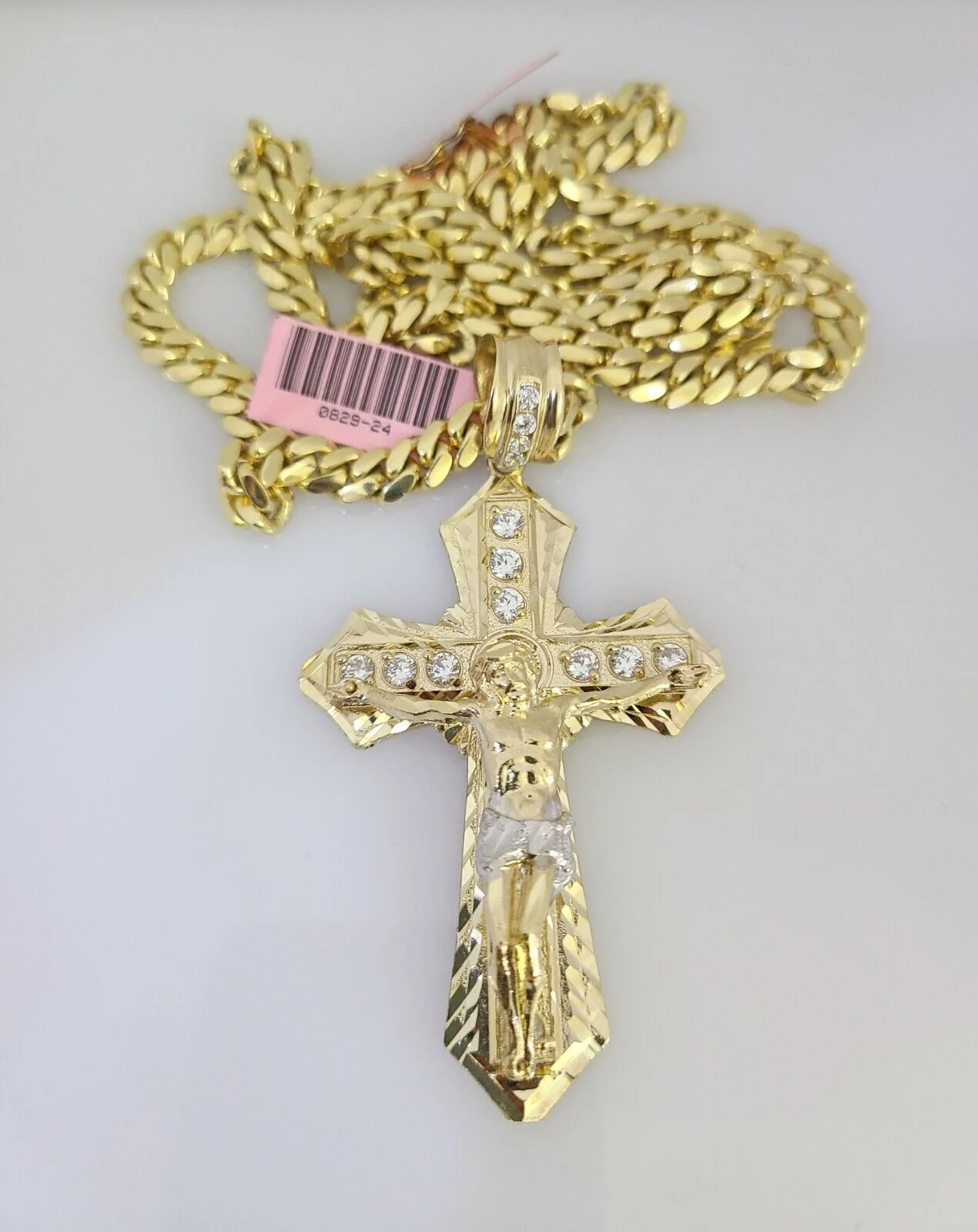 Real 14k Solid Chain Cross Charm Set Miami Cuban Link 6mm Necklace Pendant Gold - Image 4