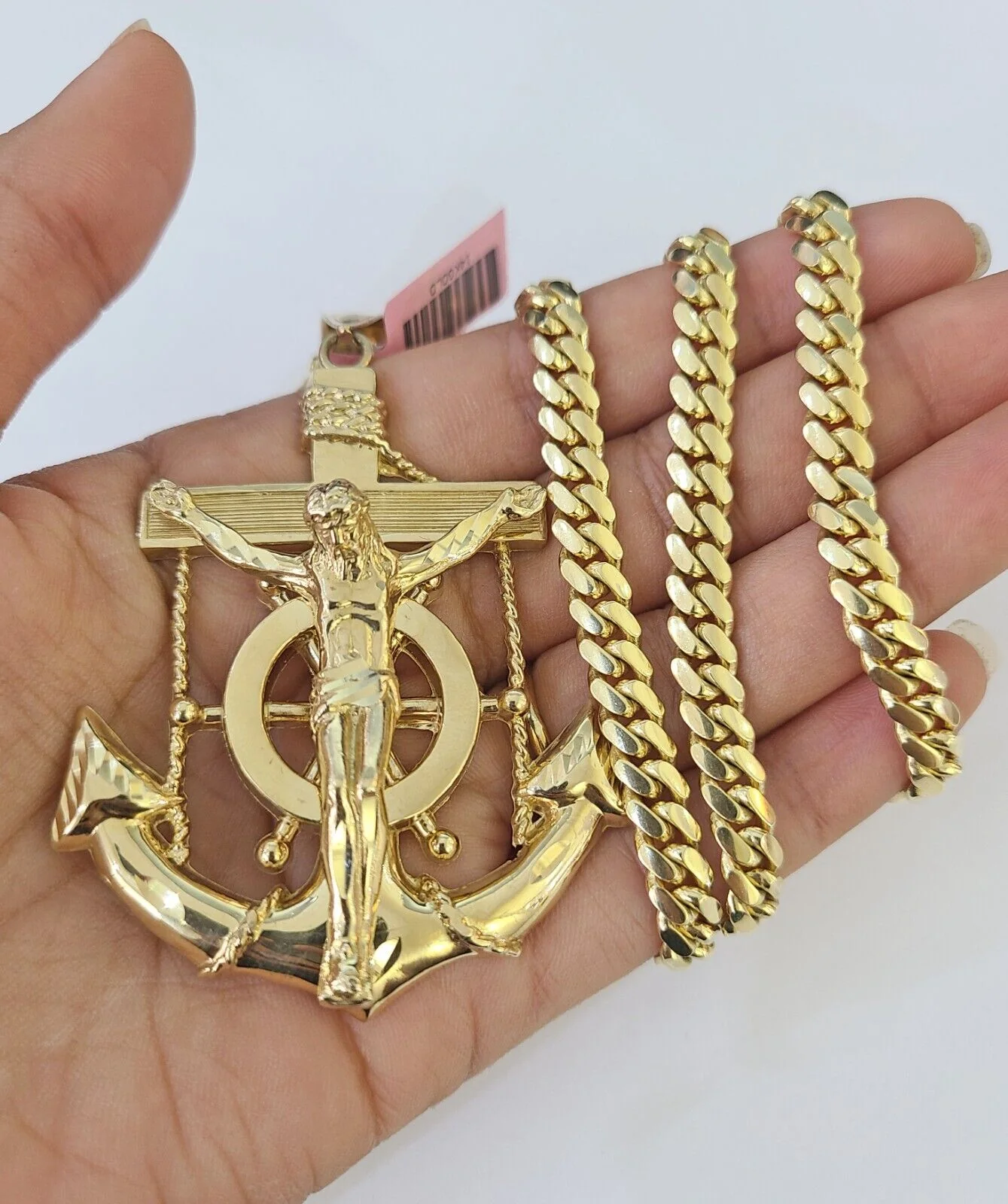 Real 14k Solid Chain Jesus Anchor Charm Set Miami Cuban 6mm Necklace Pendant - Image 2