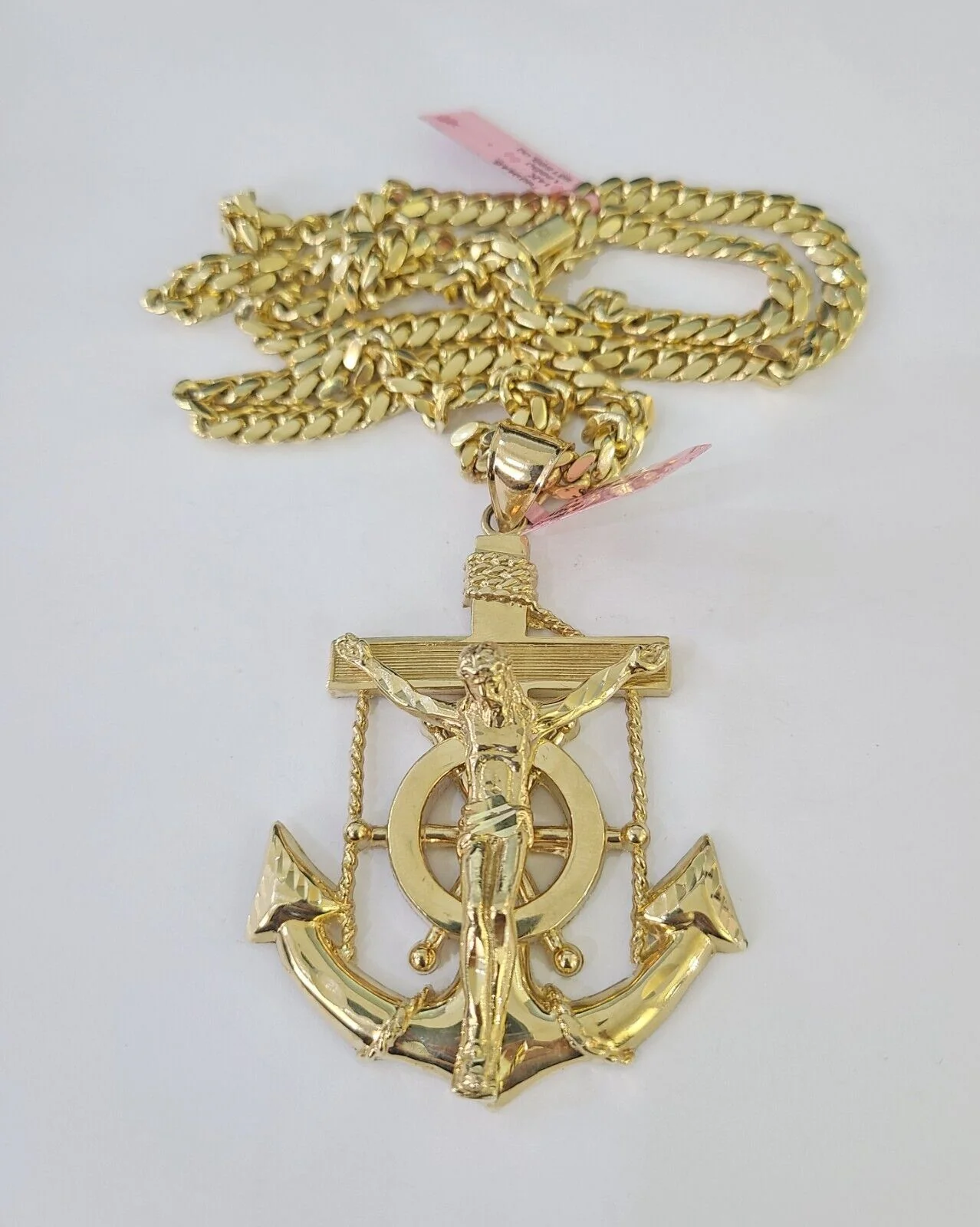 Real 14k Solid Chain Jesus Anchor Charm Set Miami Cuban 6mm Necklace Pendant - Image 3