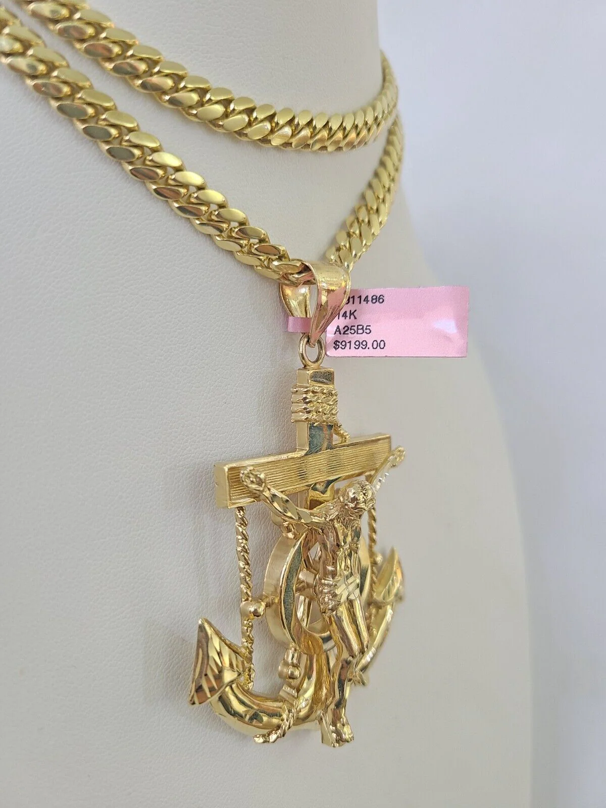 Real 14k Solid Chain Jesus Anchor Charm Set Miami Cuban 6mm Necklace Pendant - Image 6