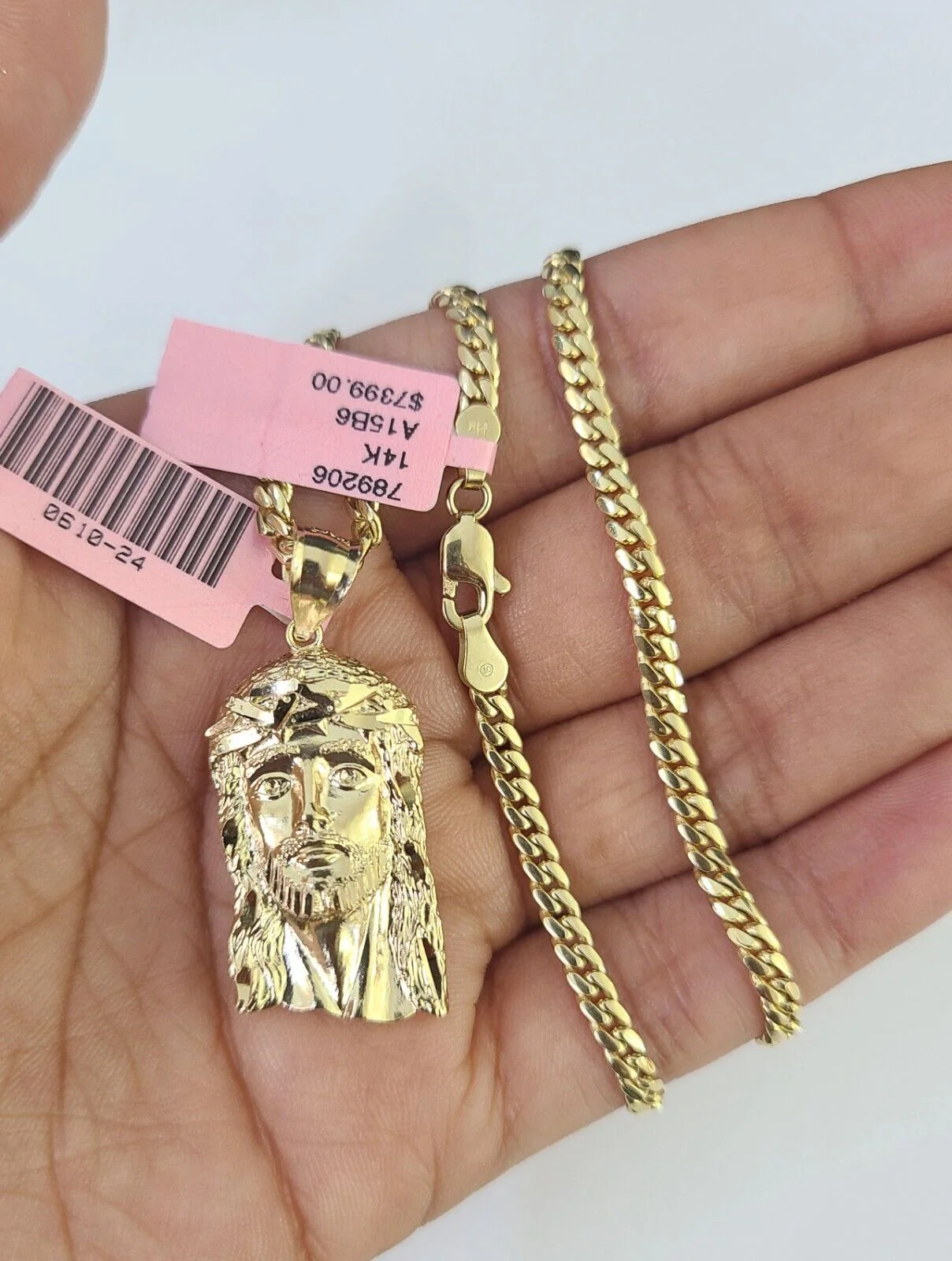 Real 14k Solid Chain Jesus Head Charm Set Miami Cuban 3mm Necklace Pendant - Image 6
