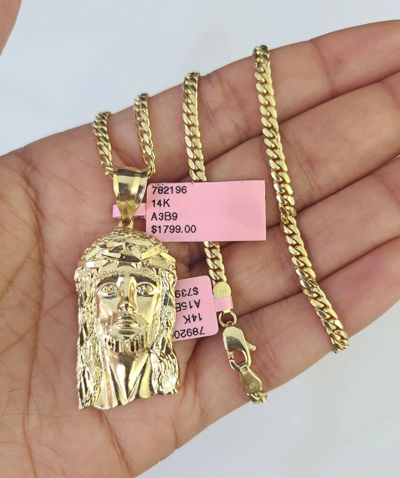 Real 14k Solid Chain Jesus Head Charm Set Miami Cuban 3mm Necklace Pendant - Image 6