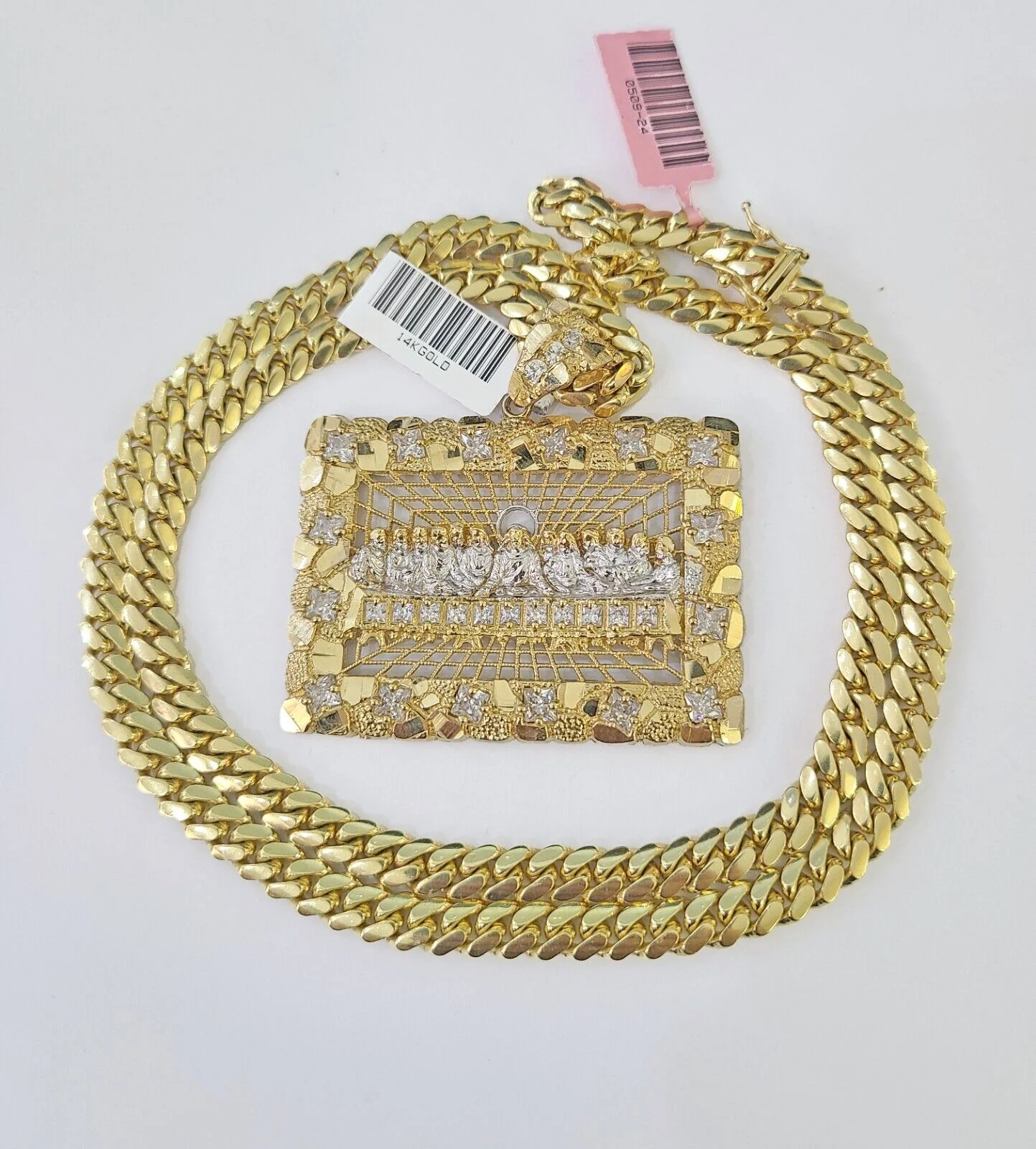 Real 14k Solid Chain Last Supper Charm Set Miami Cuban Link 6mm Necklace Pendant - Image 3