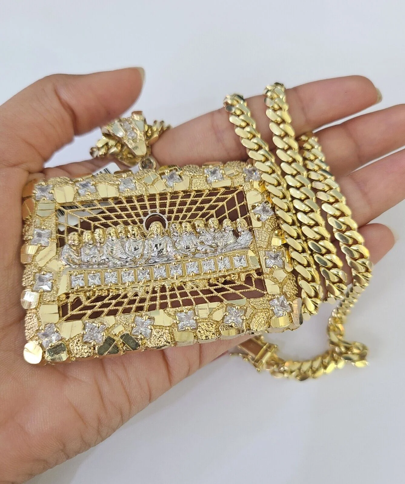 Real 14k Solid Chain Last Supper Charm Set Miami Cuban Link 6mm Necklace Pendant - Image 3