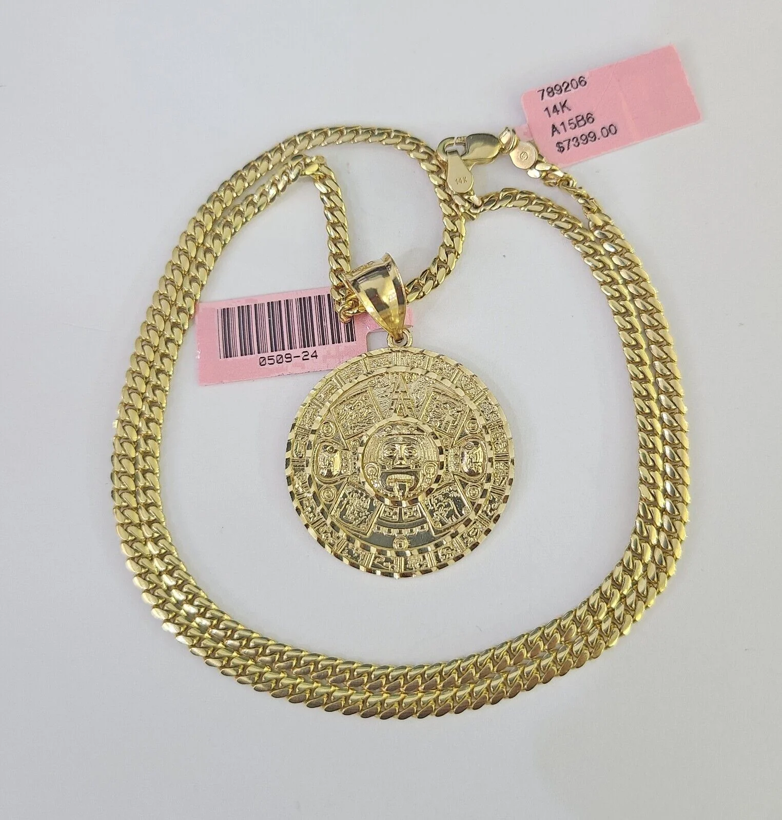 Real 14k Solid Chain Mayan Calendar Charm Set Miami Cuban 3mm Necklace Pendant - Image 3
