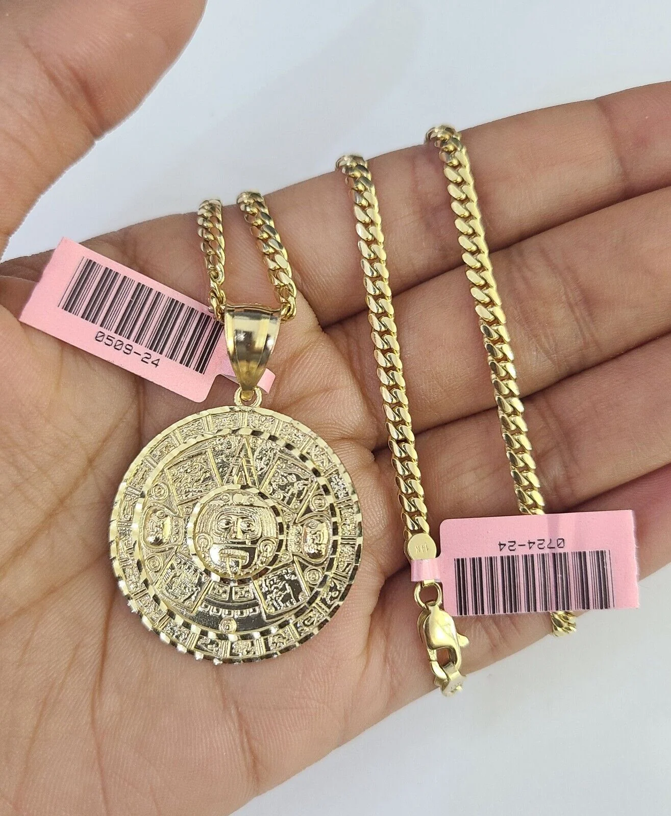Real 14k Solid Chain Mayan Calendar Charm Set Miami Cuban 3mm Necklace Pendant - Image 4