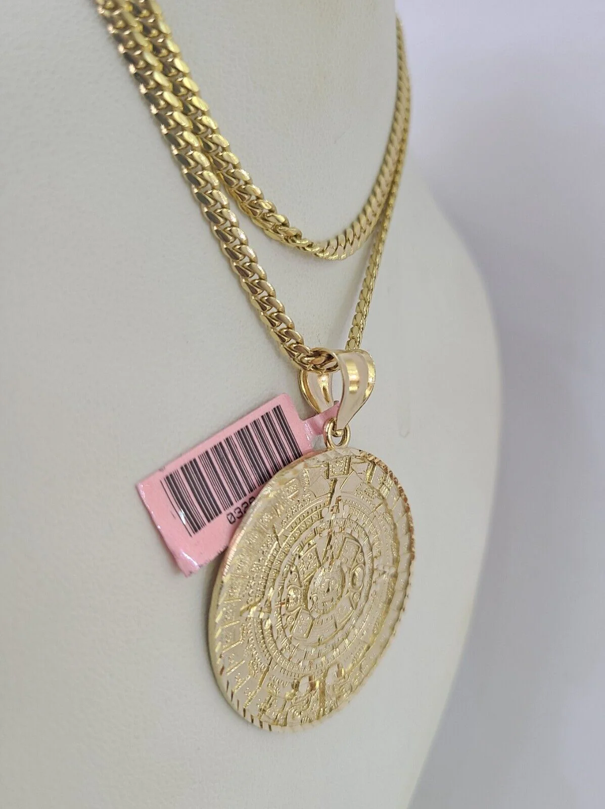 Real 14k Solid Chain Mayan Calendar Charm Set Miami Cuban 3mm Necklace Pendant - Image 2