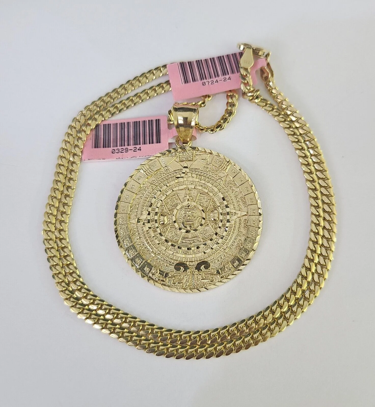 Real 14k Solid Chain Mayan Calendar Charm Set Miami Cuban 3mm Necklace Pendant - Image 3