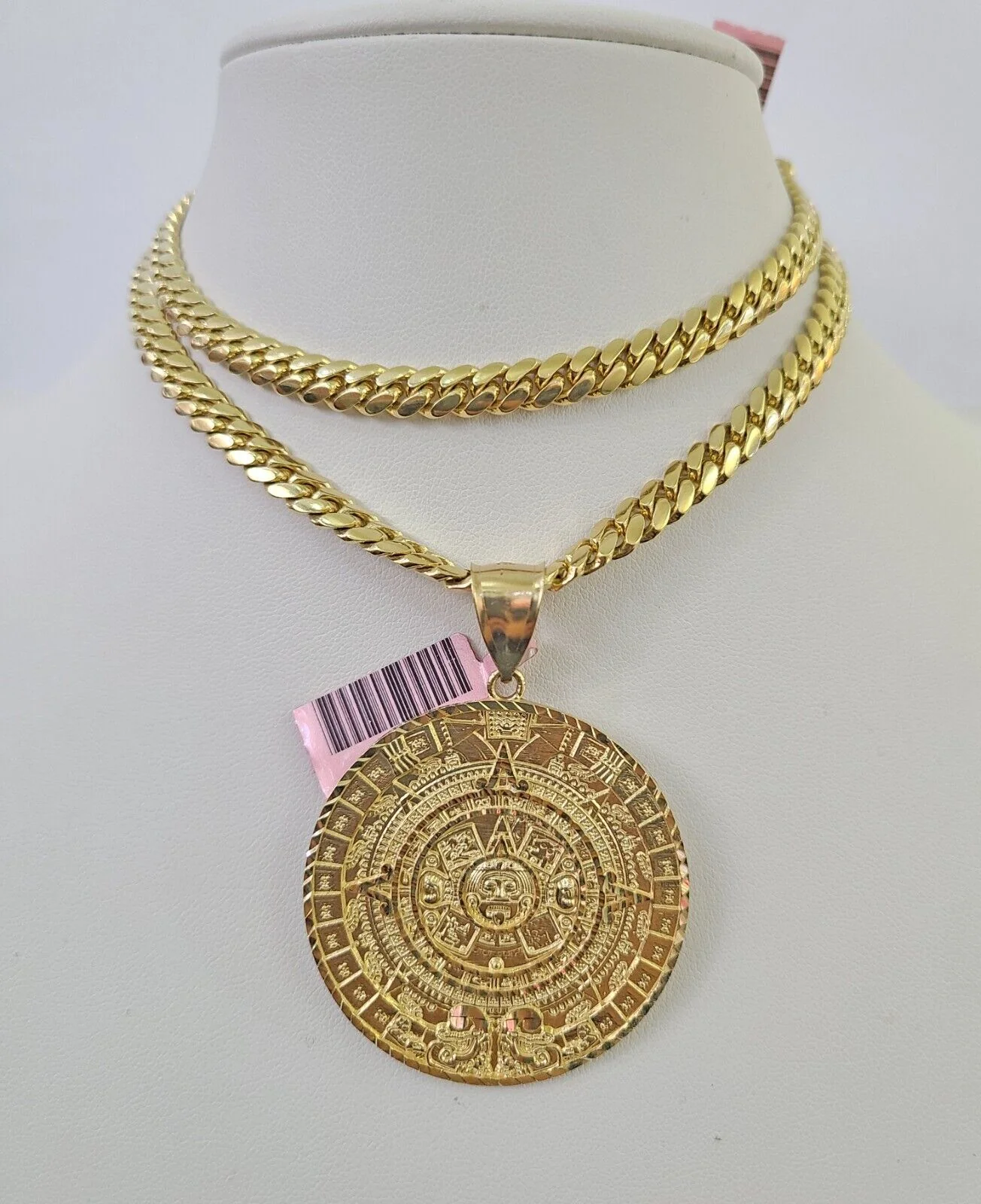 Real 14k Solid Chain Mayan Calendar Charm Set Miami Cuban 6mm Necklace Gold - Image 6
