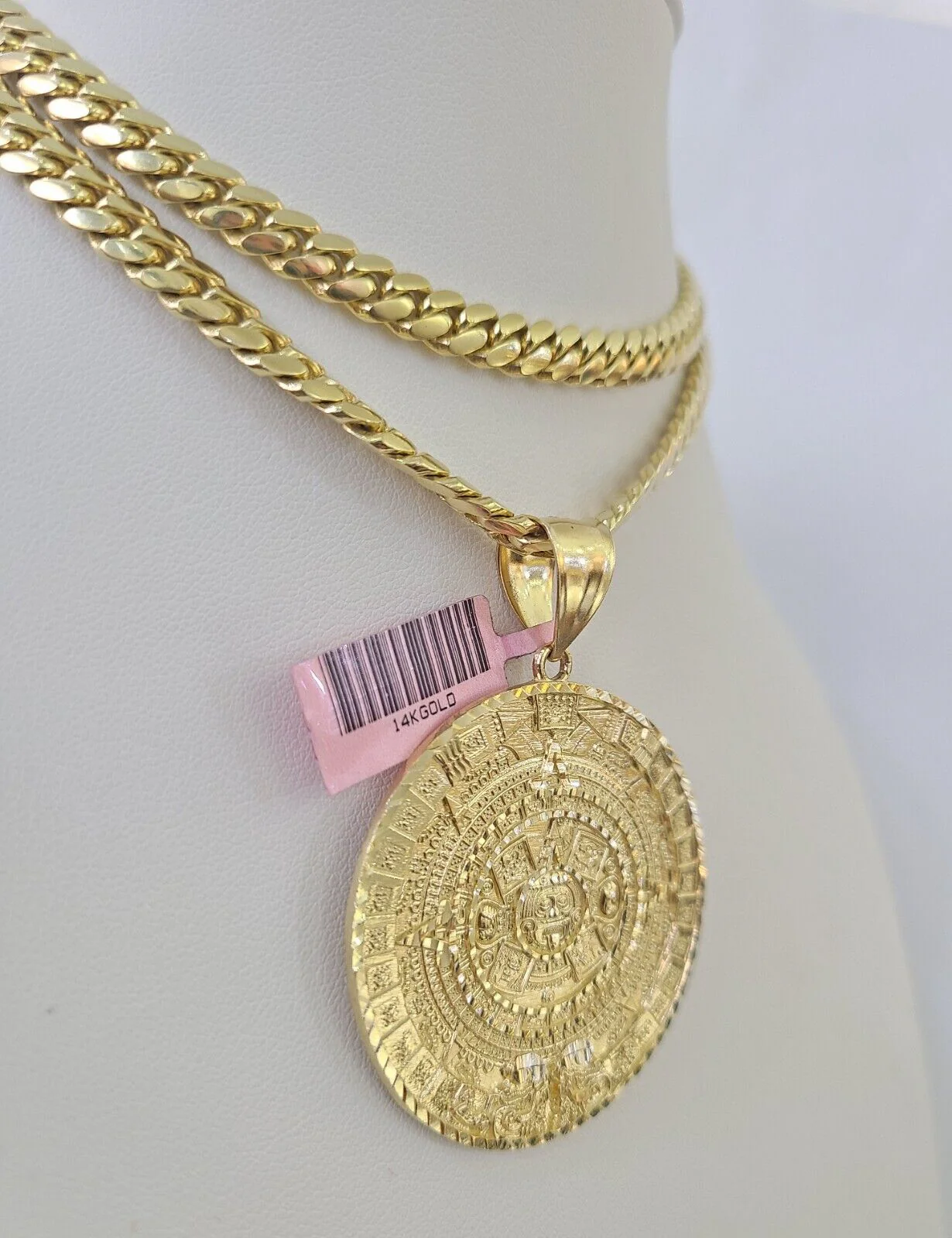 Real 14k Solid Chain Mayan Calendar Charm Set Miami Cuban Link 6mm Necklace - Image 2