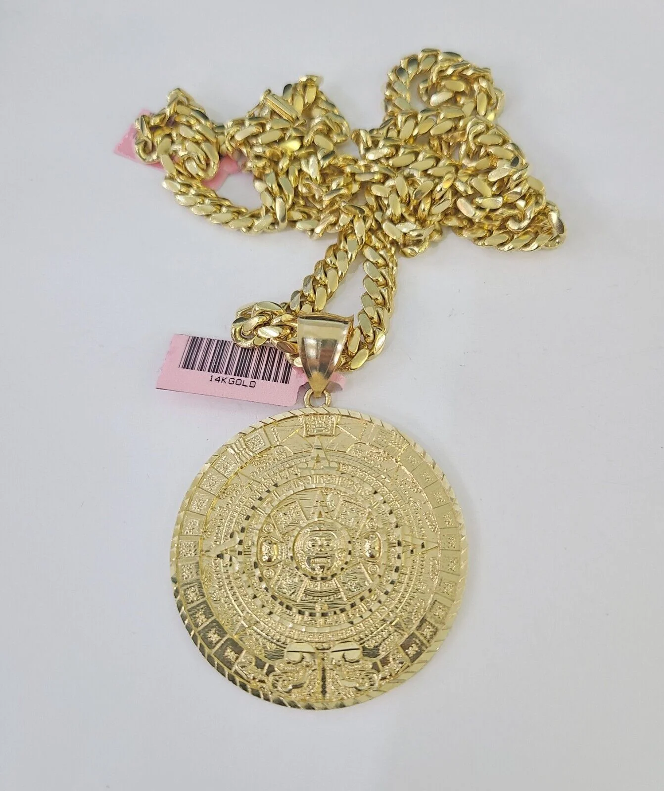 Real 14k Solid Chain Mayan Calendar Charm Set Miami Cuban Link 6mm Necklace - Image 3