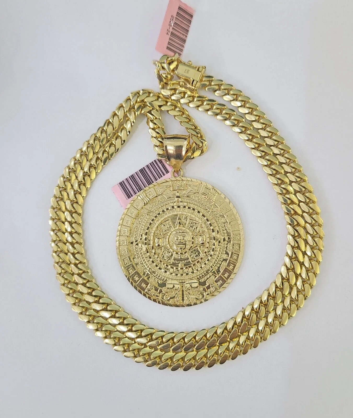 Real 14k Solid Chain Mayan Calendar Charm Set Miami Cuban Link 6mm Necklace - Image 5