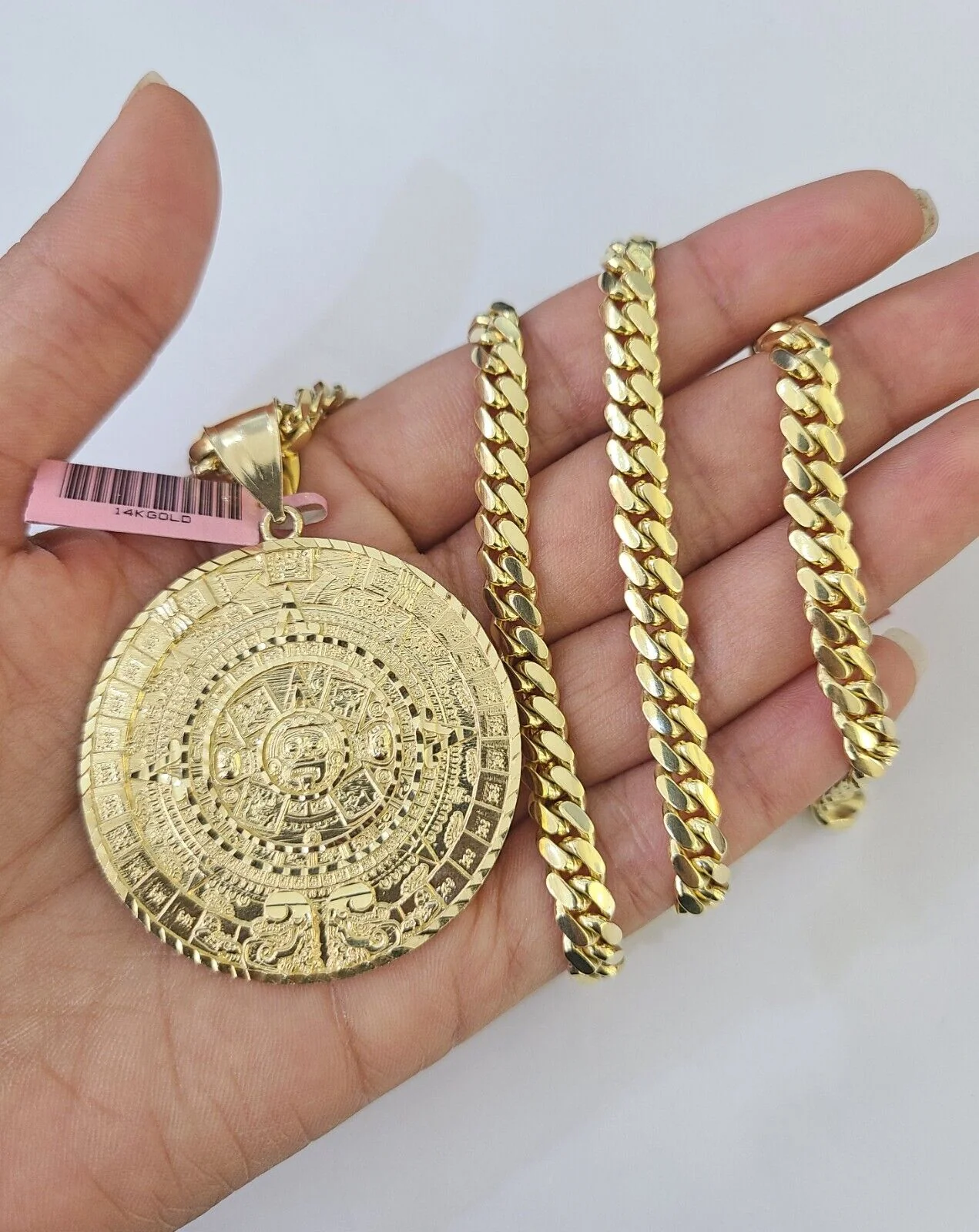 Real 14k Solid Chain Mayan Calendar Charm Set Miami Cuban Link 6mm Necklace - Image 6