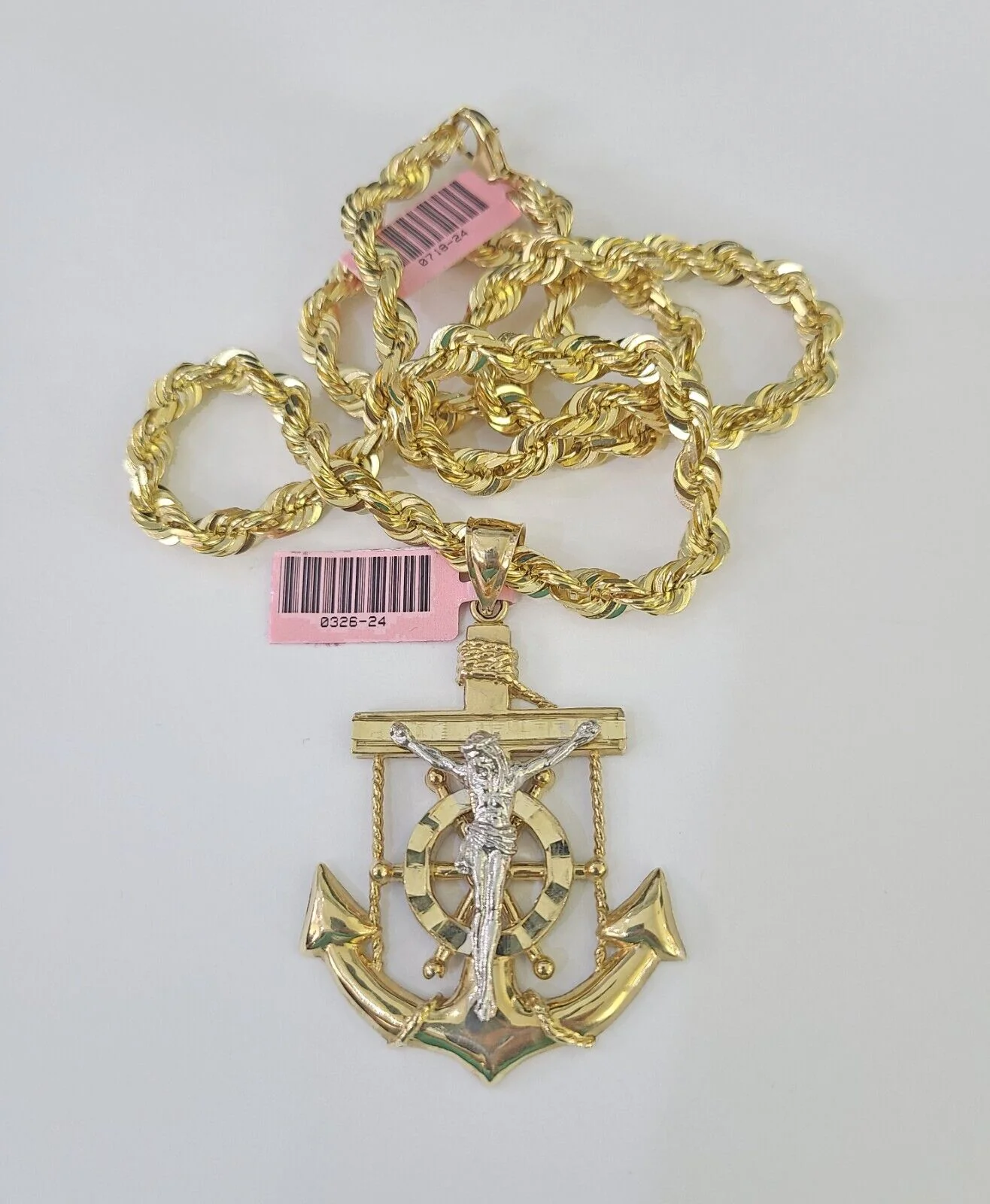 Real 14k Solid Rope Chain Jesus Anchor Charm Set 6mm 18"-30" Necklace Gold - Image 4