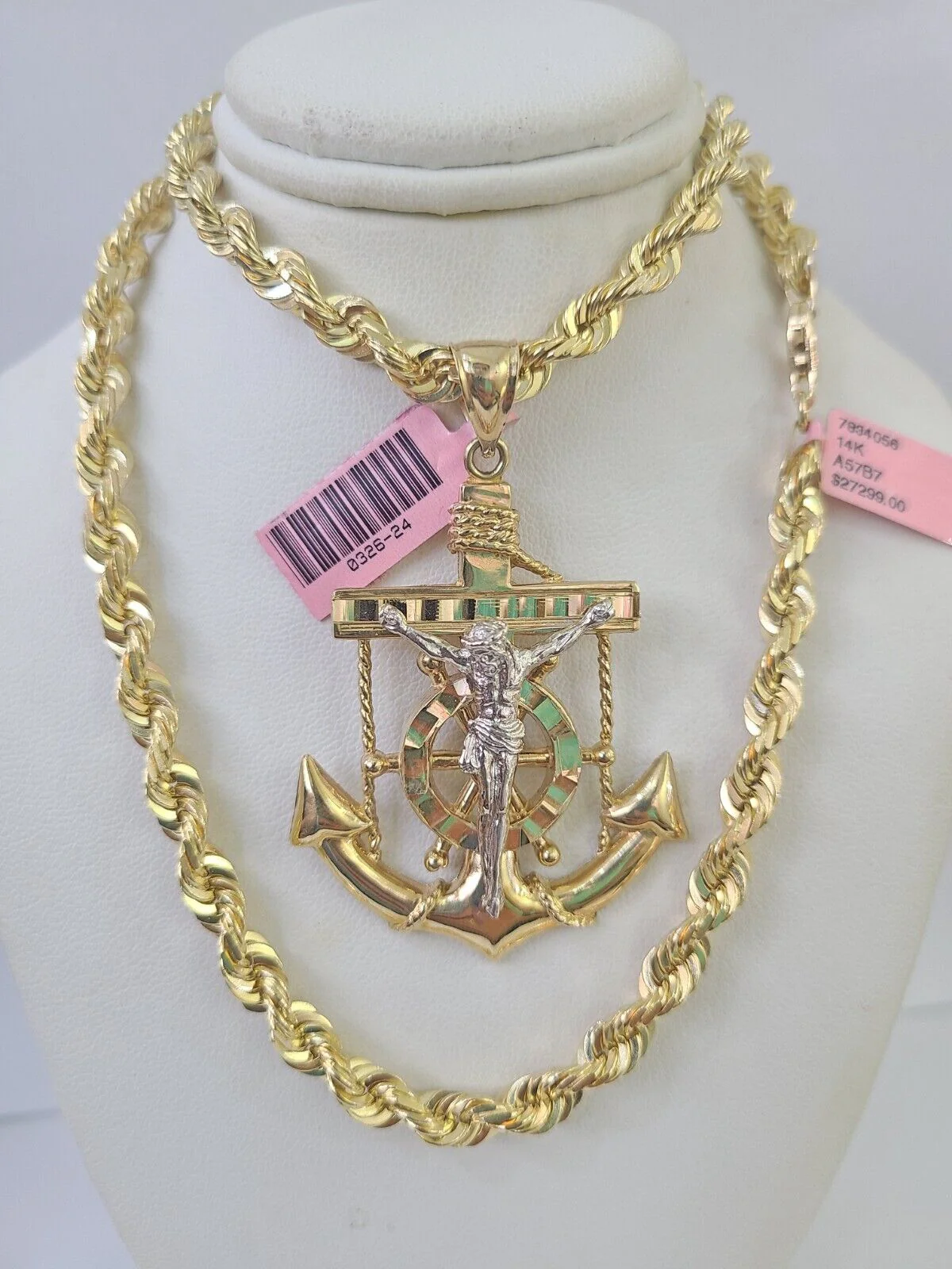 Real 14k Solid Rope Chain Jesus Anchor Charm Set 6mm 18"-30" Necklace Gold - Image 6