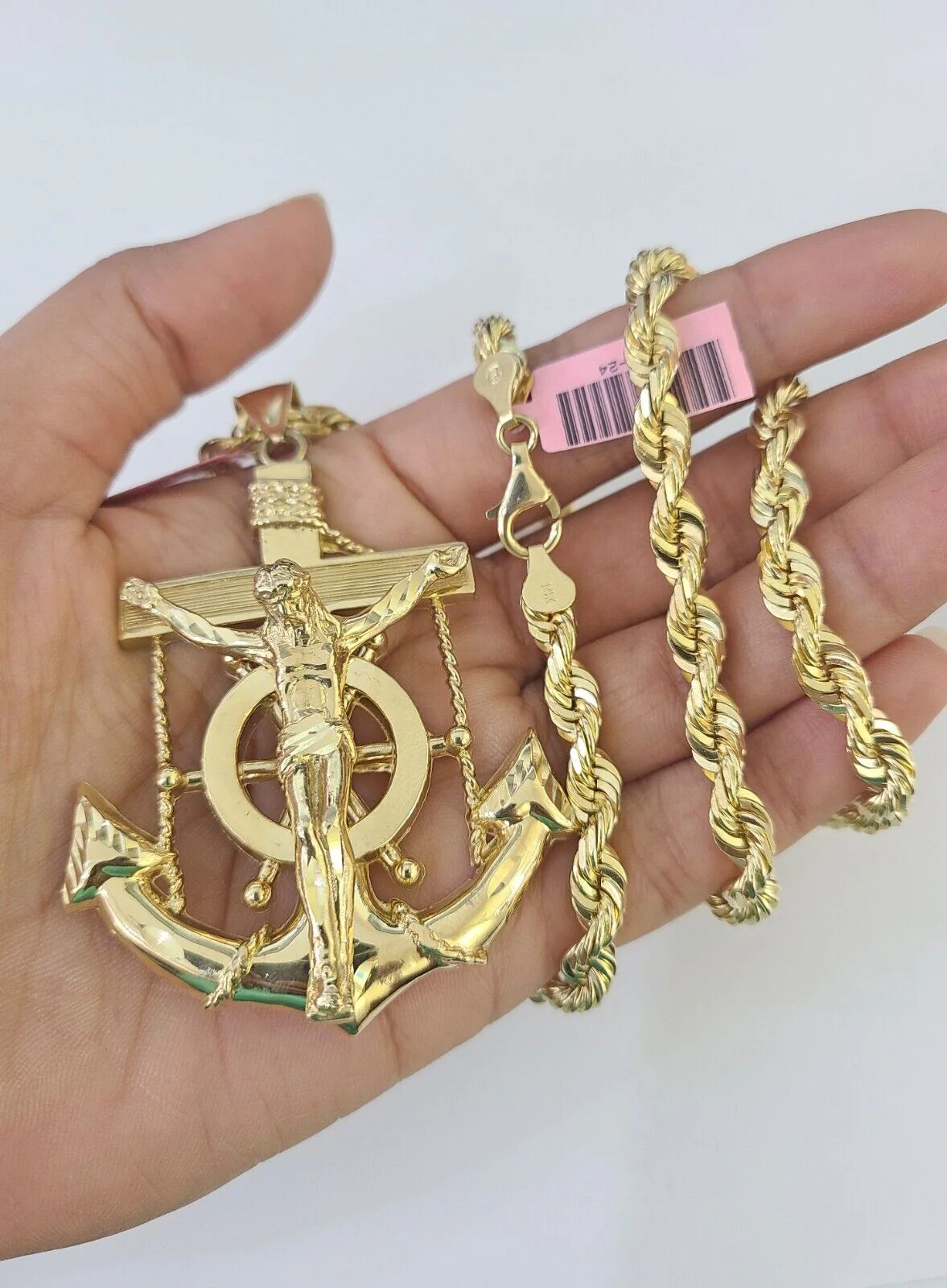 Real 14k Solid Rope Chain Jesus Anchor Charm Set 6mm 18"-30" Necklace Gold - Image 5
