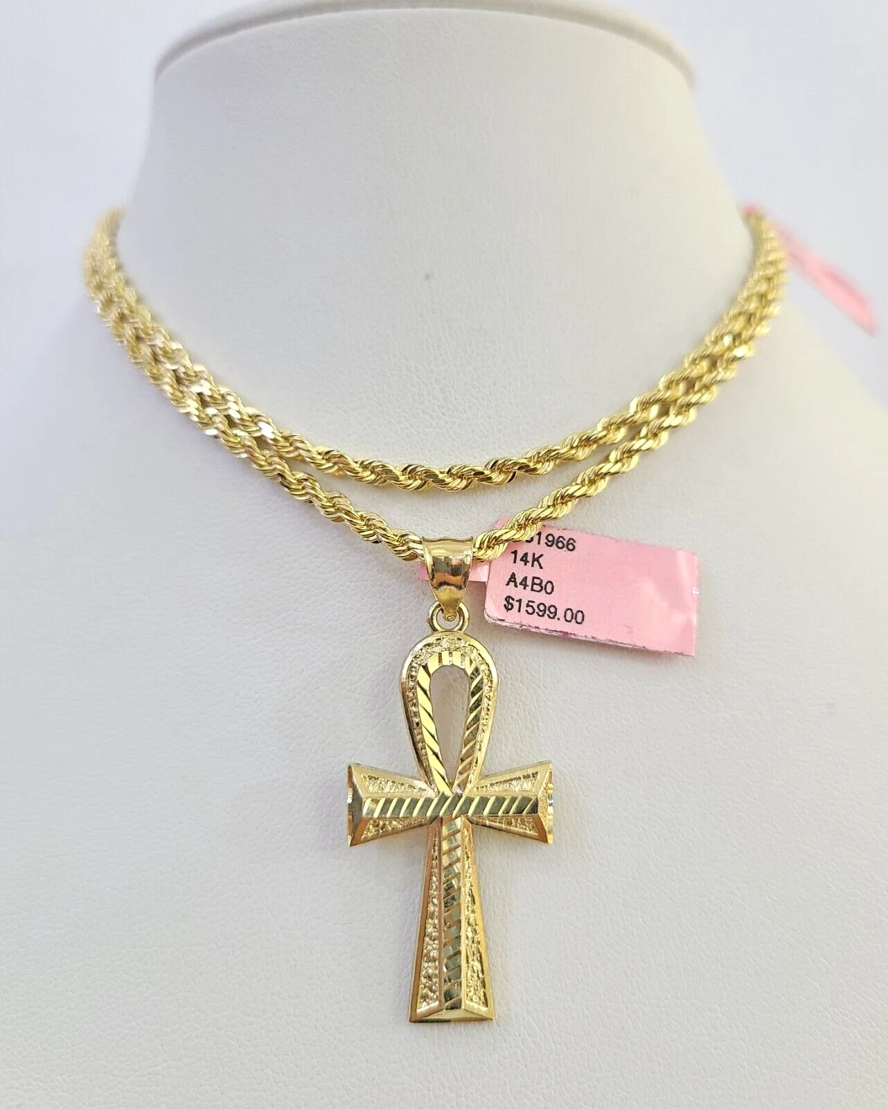 Real 14k Solid Rope Chain Jesus Ankh Cross Charm Set 3mm 18"-26" Necklace Gold - Image 3