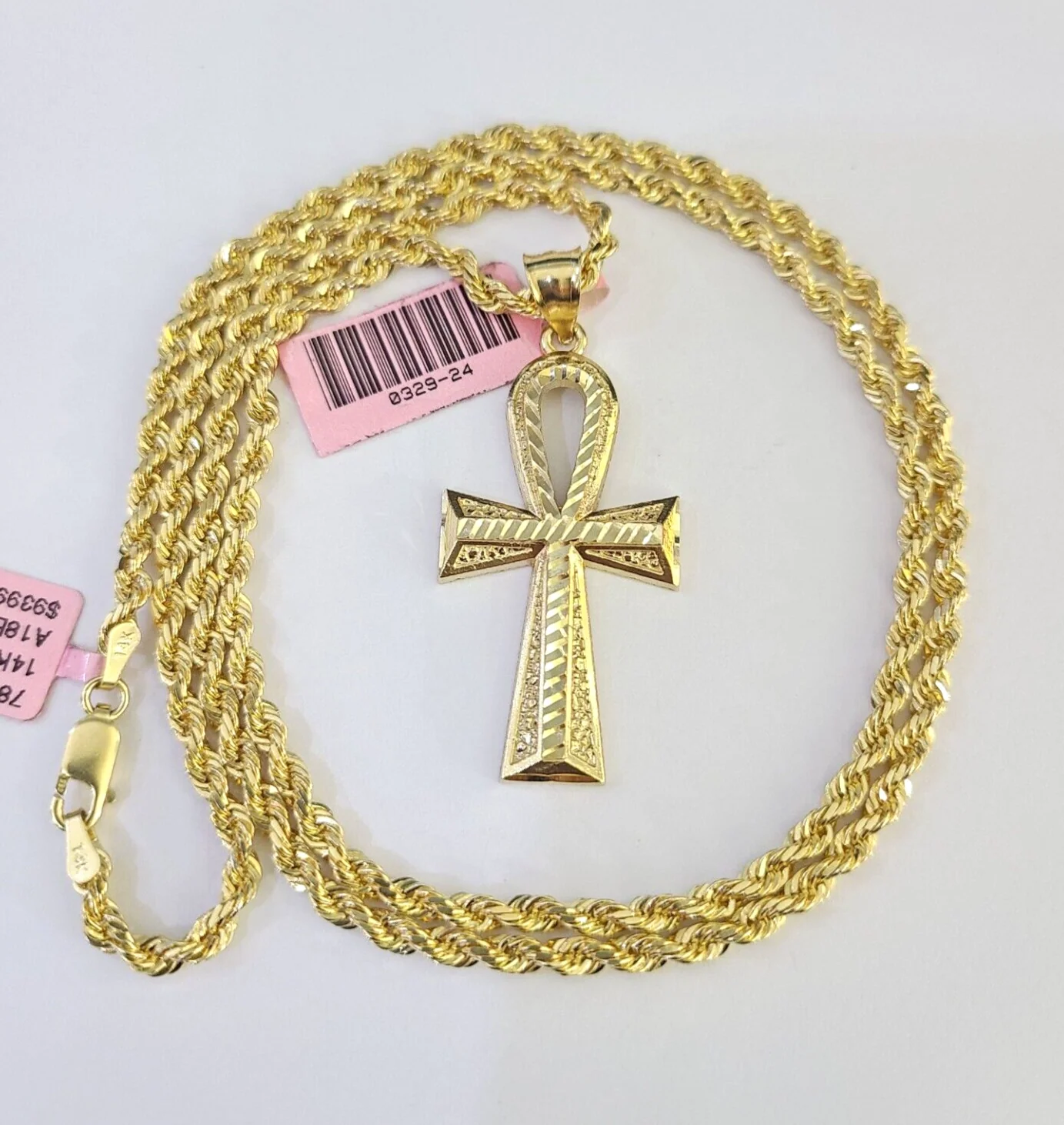 Real 14k Solid Rope Chain Jesus Ankh Cross Charm Set 3mm 18"-26" Necklace Gold - Image 4