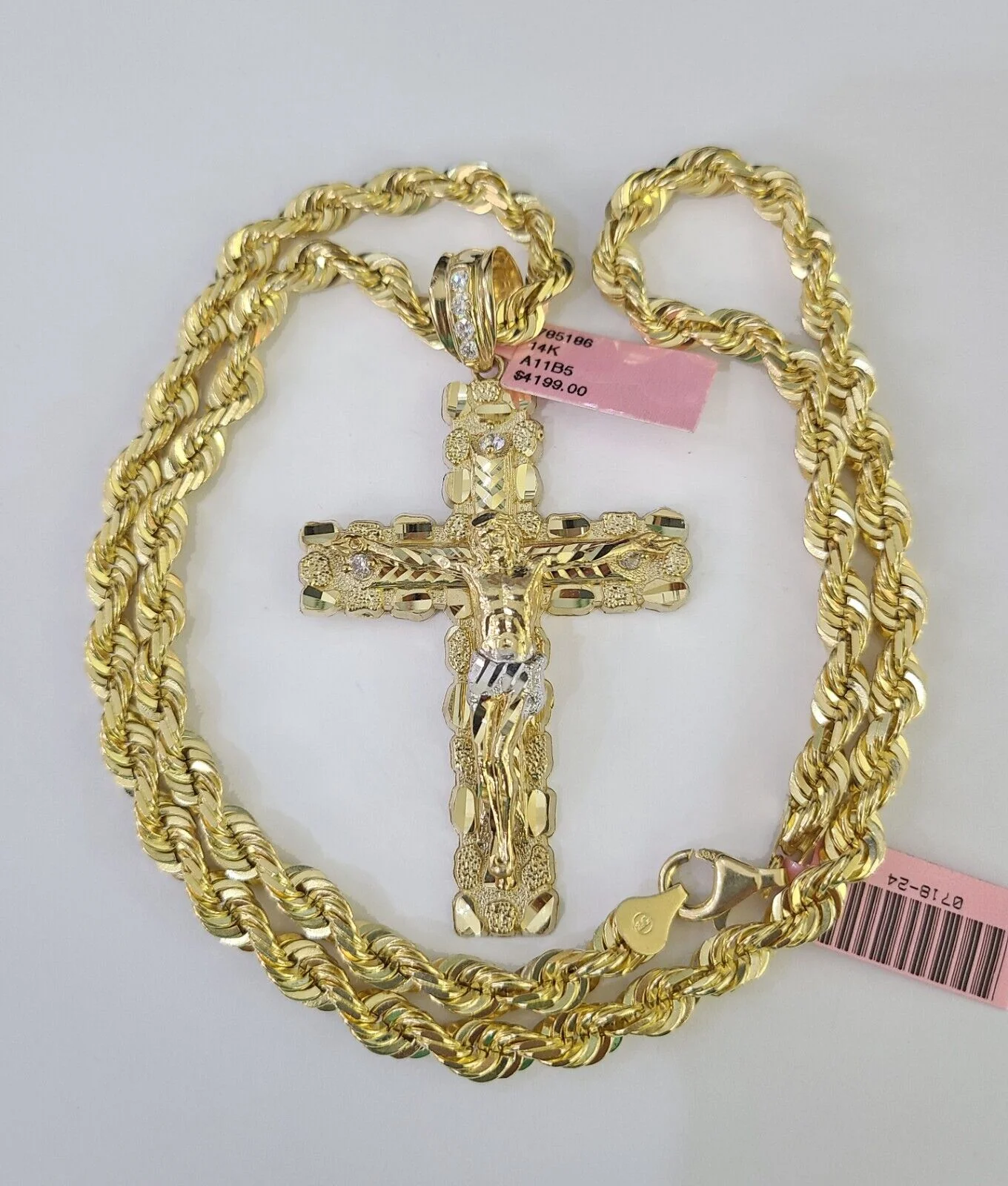 Real 14k Solid Rope Chain Jesus Cross Charm Set 6mm 18"-30" Necklace Gold - Image 3