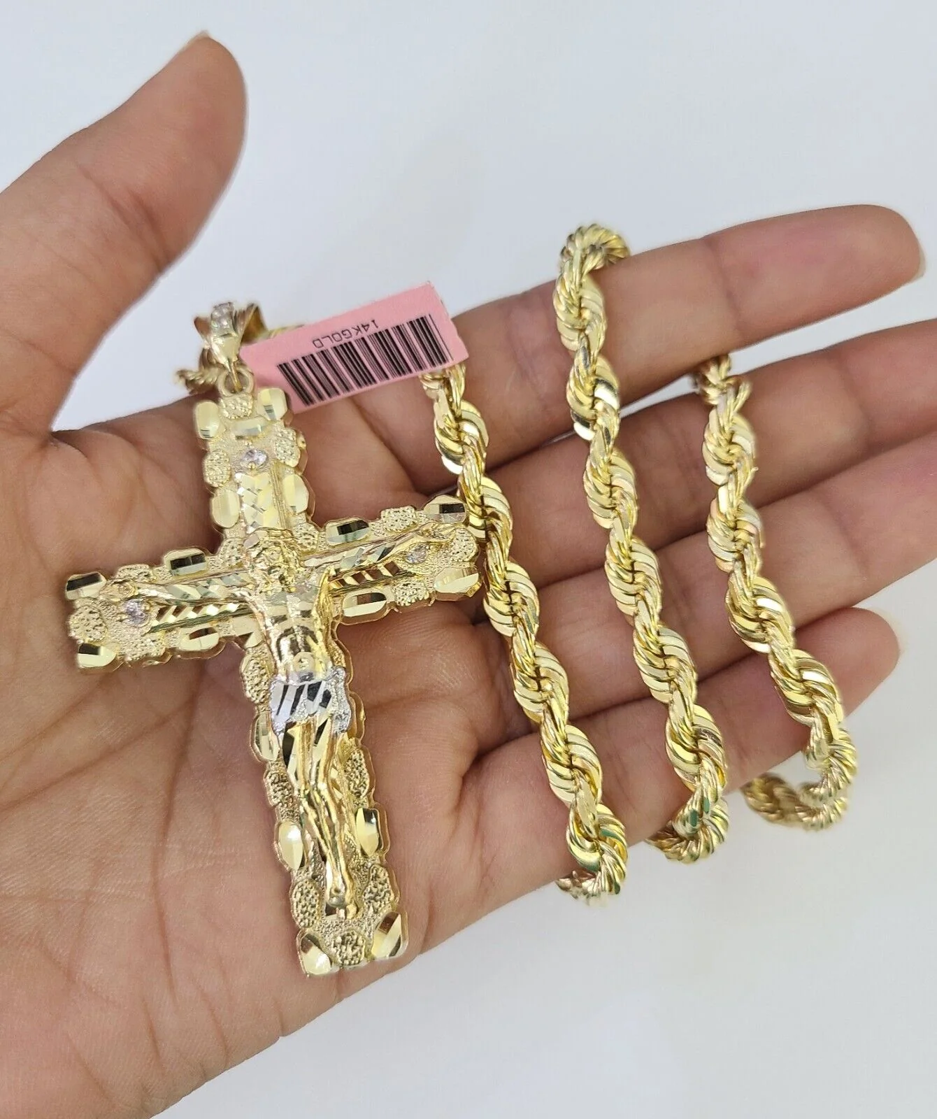Real 14k Solid Rope Chain Jesus Cross Charm Set 6mm 18"-30" Necklace Gold - Image 5