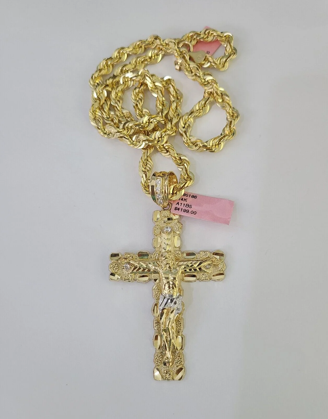 Real 14k Solid Rope Chain Jesus Cross Charm Set 6mm 18"-30" Necklace Gold - Image 6