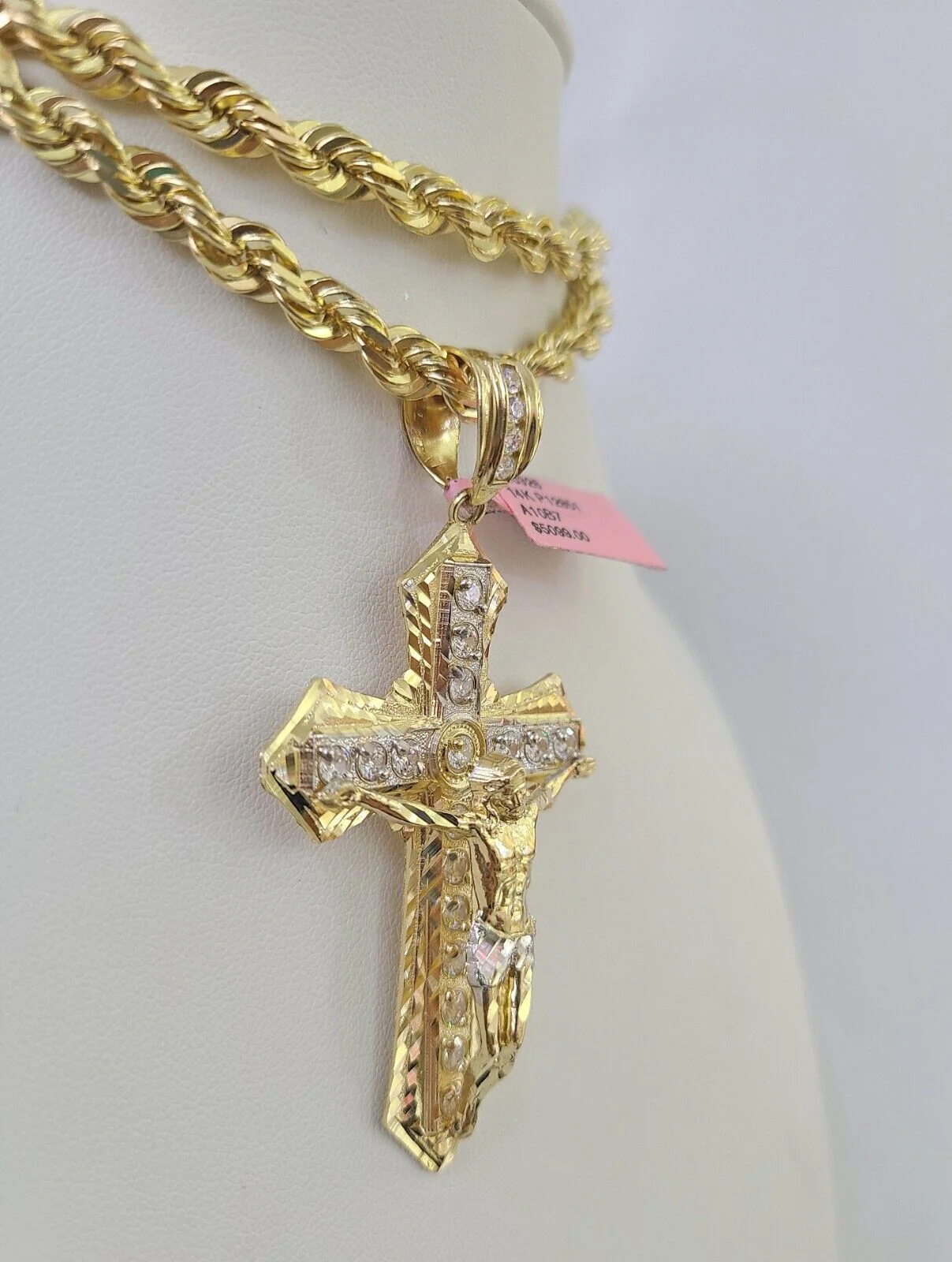 Real 14k Solid Rope Chain Jesus Cross Charm Set 6mm 18"-30" Necklace Gold - Image 2