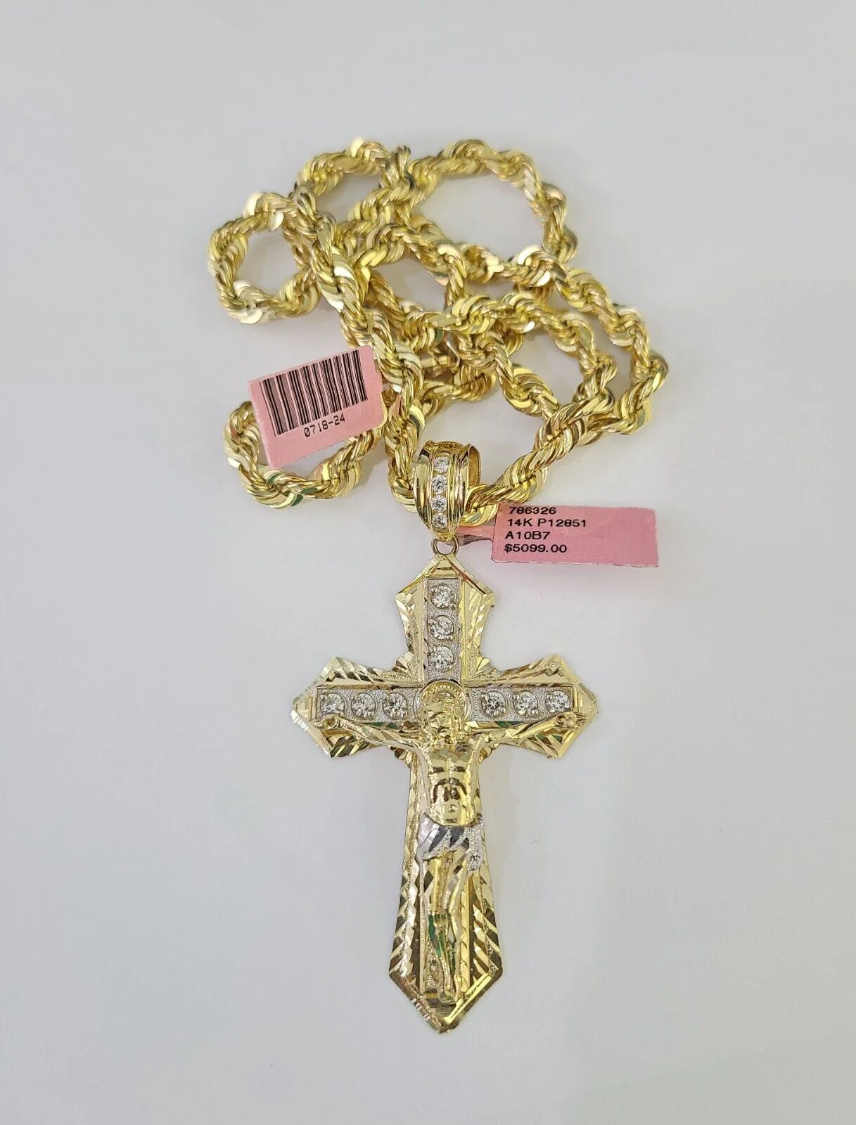Real 14k Solid Rope Chain Jesus Cross Charm Set 6mm 18"-30" Necklace Gold - Image 6