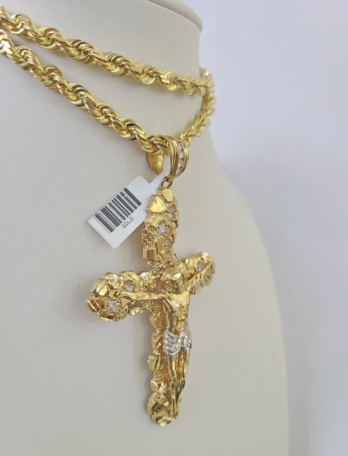 Real 14k Solid Rope Chain Jesus Cross Charm Set 6mm 18"-30" Necklace Gold - Image 2