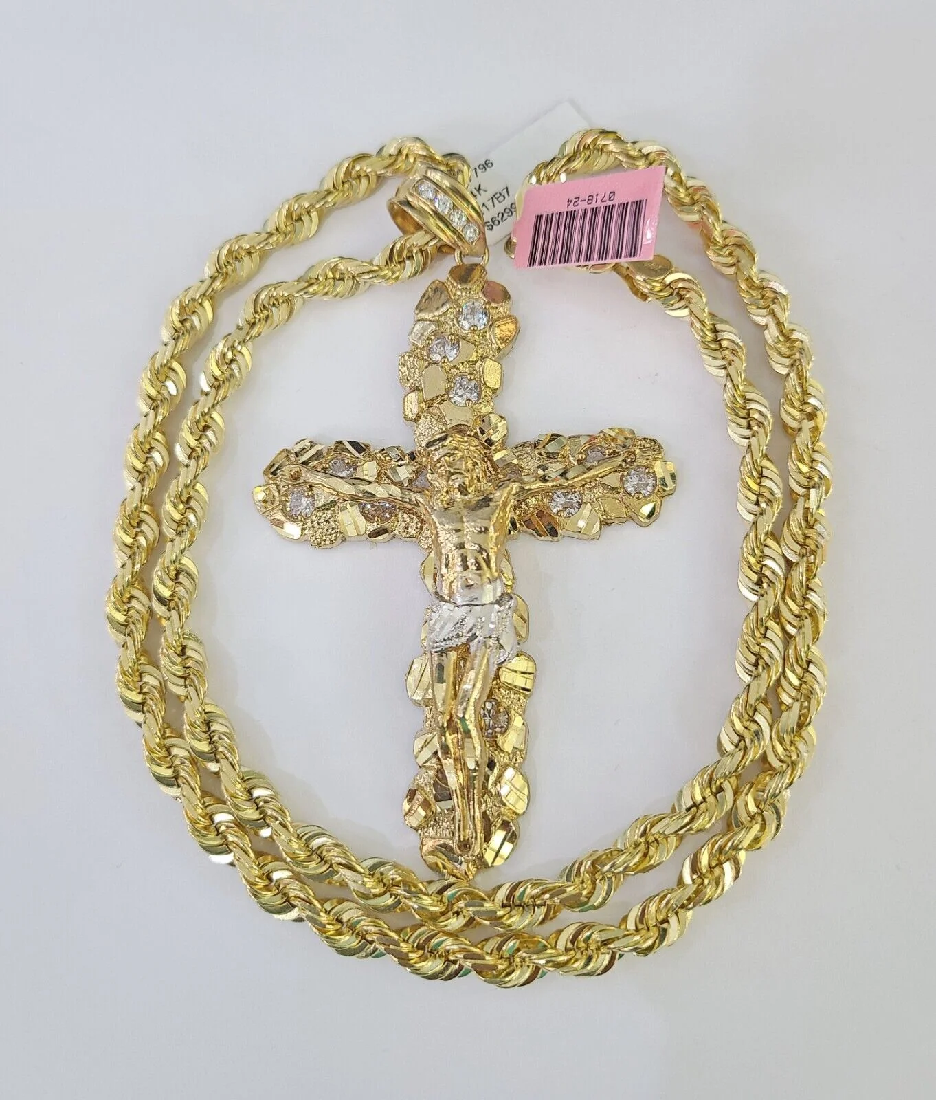 Real 14k Solid Rope Chain Jesus Cross Charm Set 6mm 18"-30" Necklace Gold - Image 3