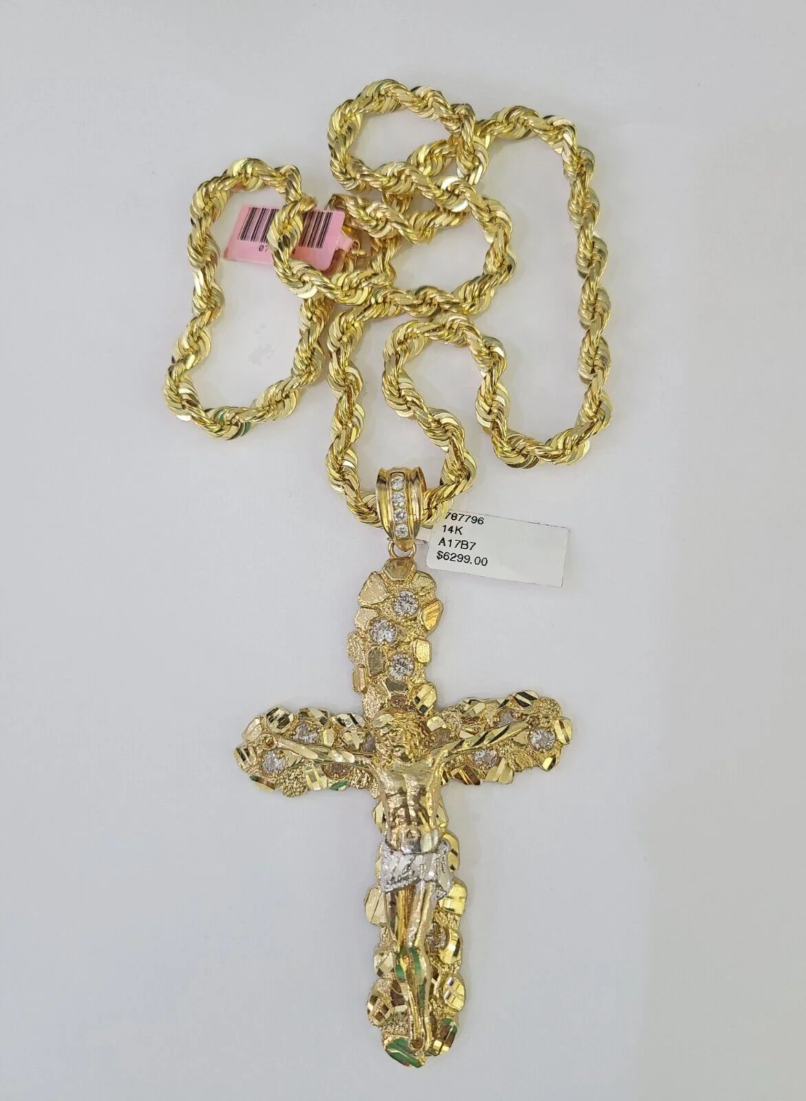 Real 14k Solid Rope Chain Jesus Cross Charm Set 6mm 18"-30" Necklace Gold - Image 6