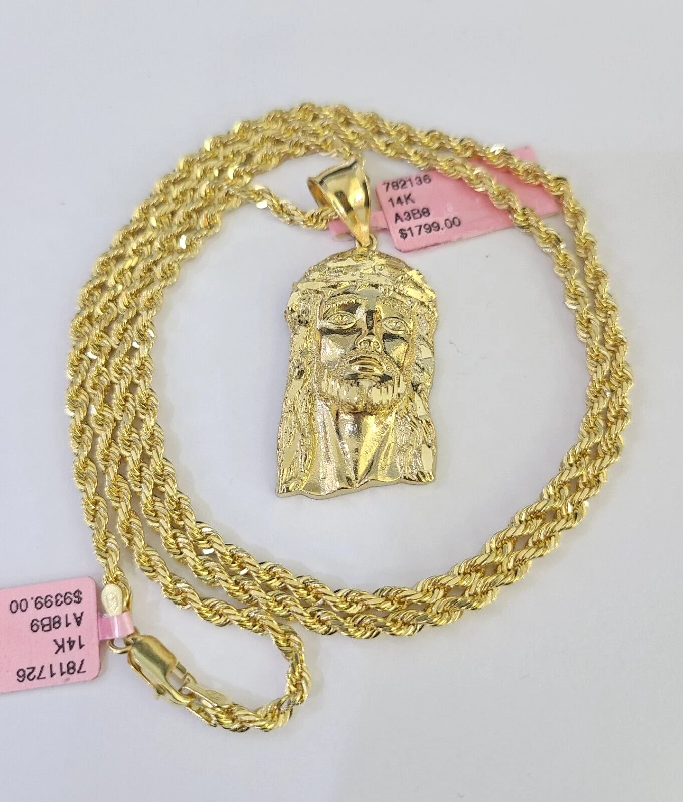 Real 14k Solid Rope Chain Jesus Head Charm Set 3mm 18"-26" Necklace Yellow Gold - Image 5