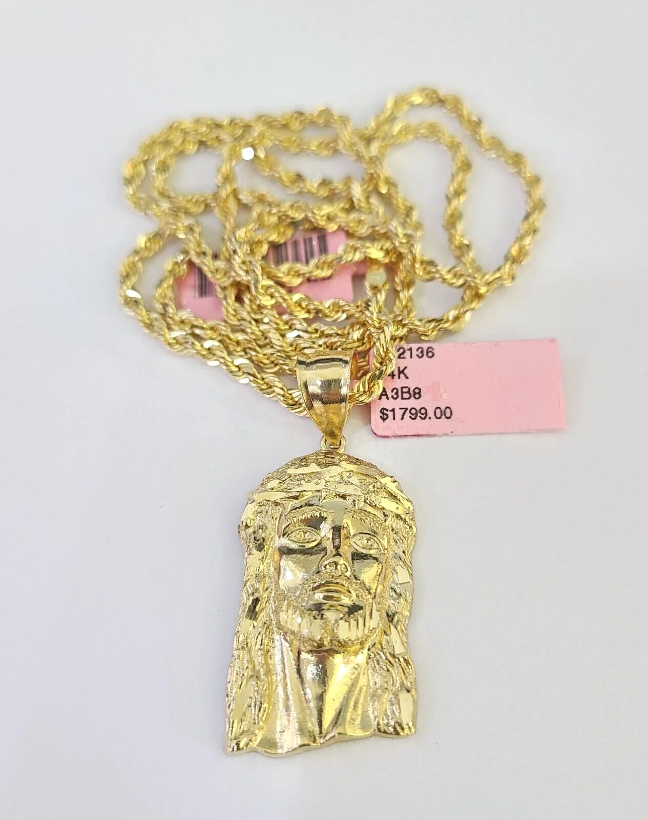 Real 14k Solid Rope Chain Jesus Head Charm Set 3mm 18"-26" Necklace Yellow Gold - Image 6