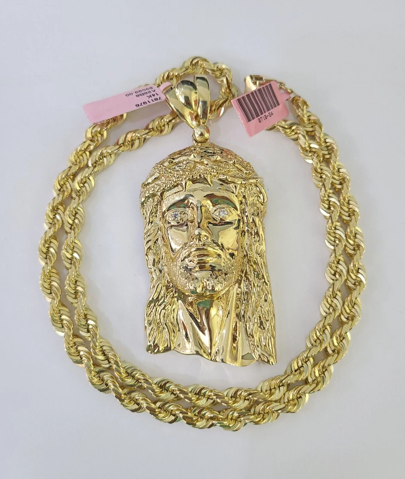 Real 14k Solid Rope Chain Jesus Head Charm Set 6mm 18"-30" Necklace Gold - Image 3