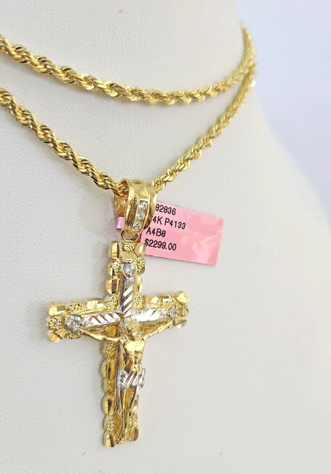 Real 14k Solid Rope Chain Jesus Nugget Cross Charm Set 3mm 18"-26" Necklace Gold - Image 3