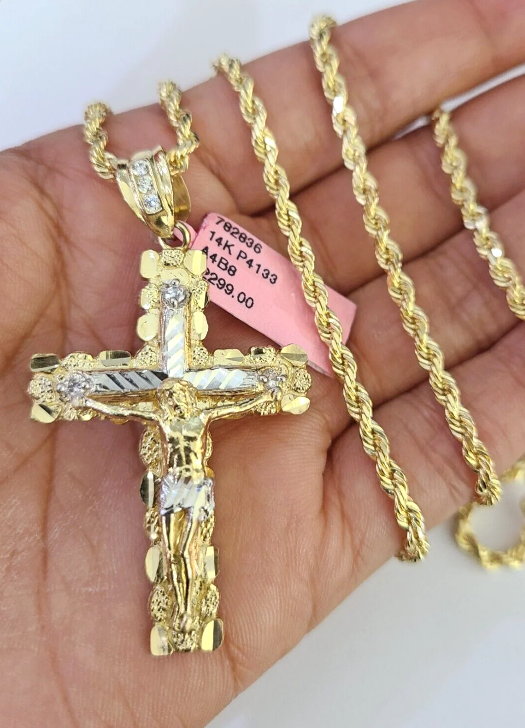 Real 14k Solid Rope Chain Jesus Nugget Cross Charm Set 3mm 18"-26" Necklace Gold - Image 4