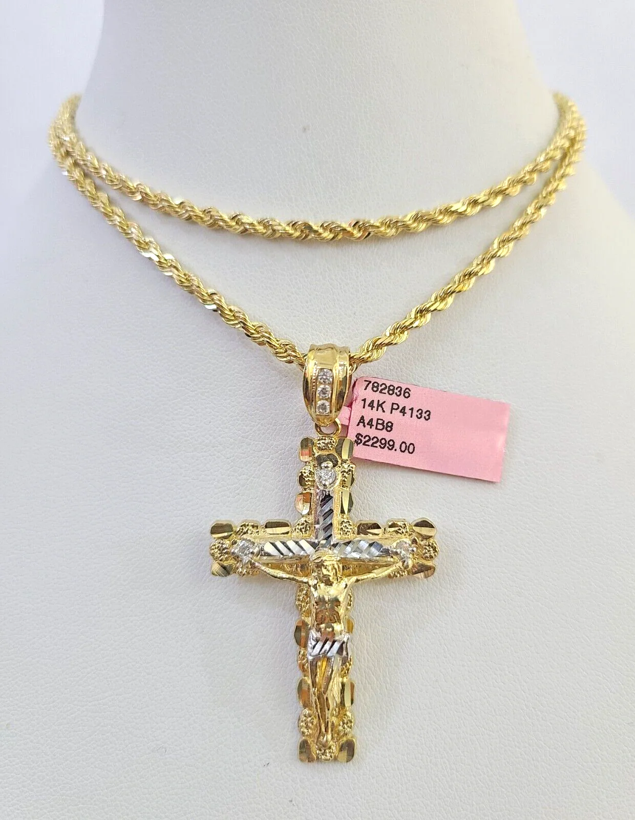 Real 14k Solid Rope Chain Jesus Nugget Cross Charm Set 3mm 18"-26" Necklace Gold - Image 6